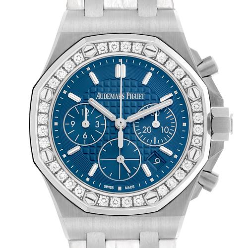 The watch is shown from the front, displaying the dial, bezel with diamonds, and chronograph buttons of the Audemars Piguet Royal Oak Offshore.