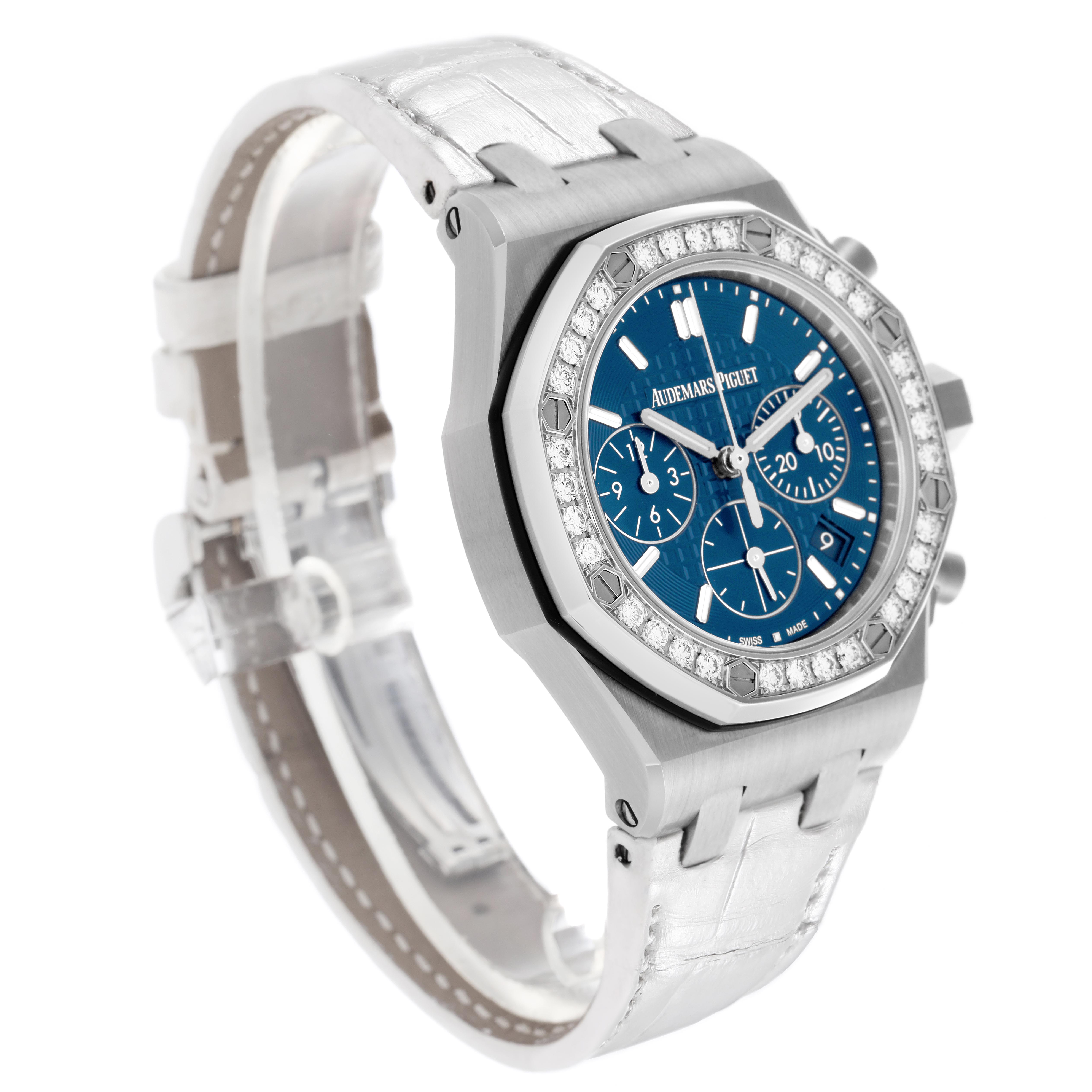 The image shows a Royal Oak Offshore by Audemars Piguet at a three-quarter angle, highlighting the blue dial, bezel, and strap.