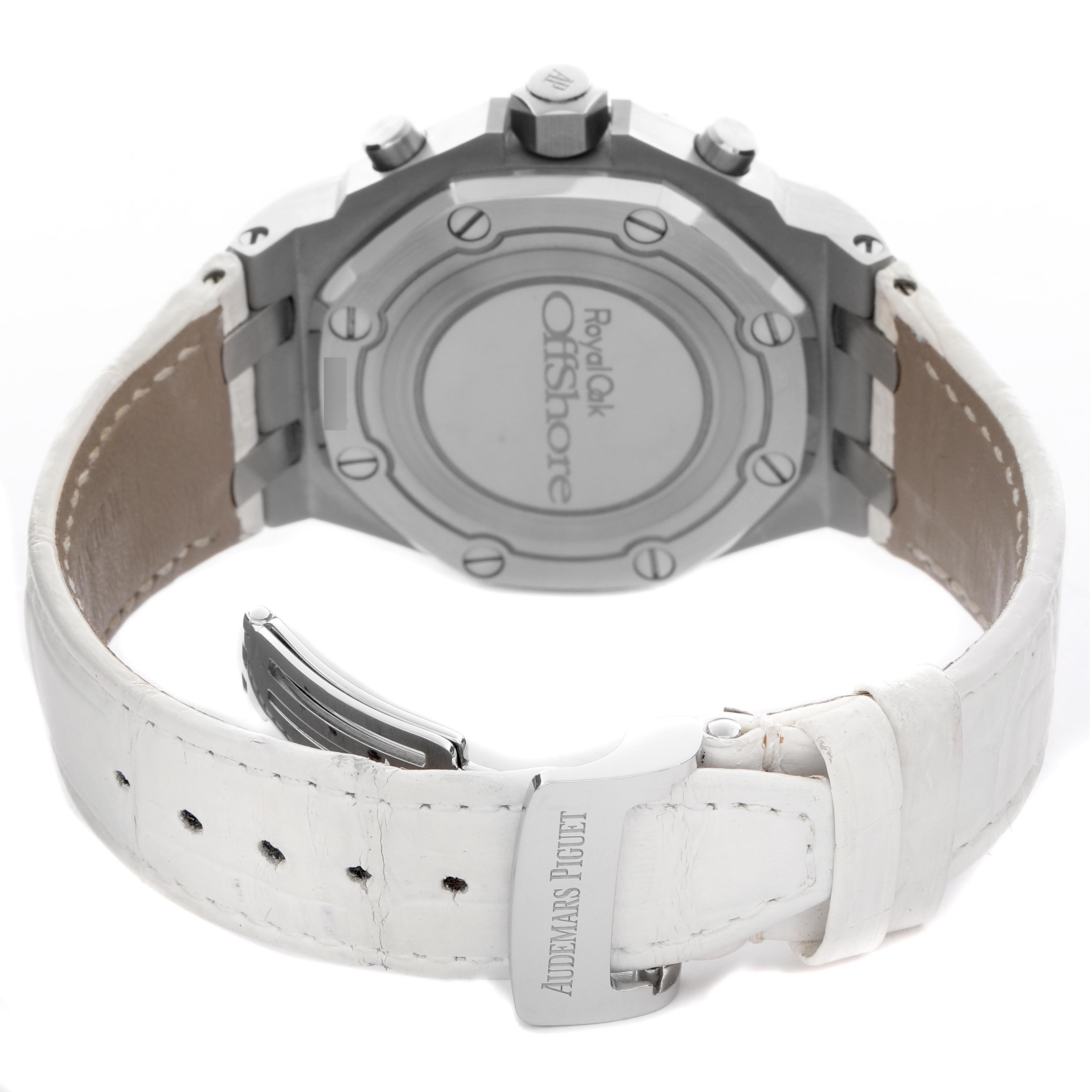 The image shows the back and side of an Audemars Piguet Royal Oak Offshore 26231ST Women's Stainless Steel Blue Dial 26231ST Women's Stainless Steel Blue Dial, highlighting the case, crown, pushers, and strap.