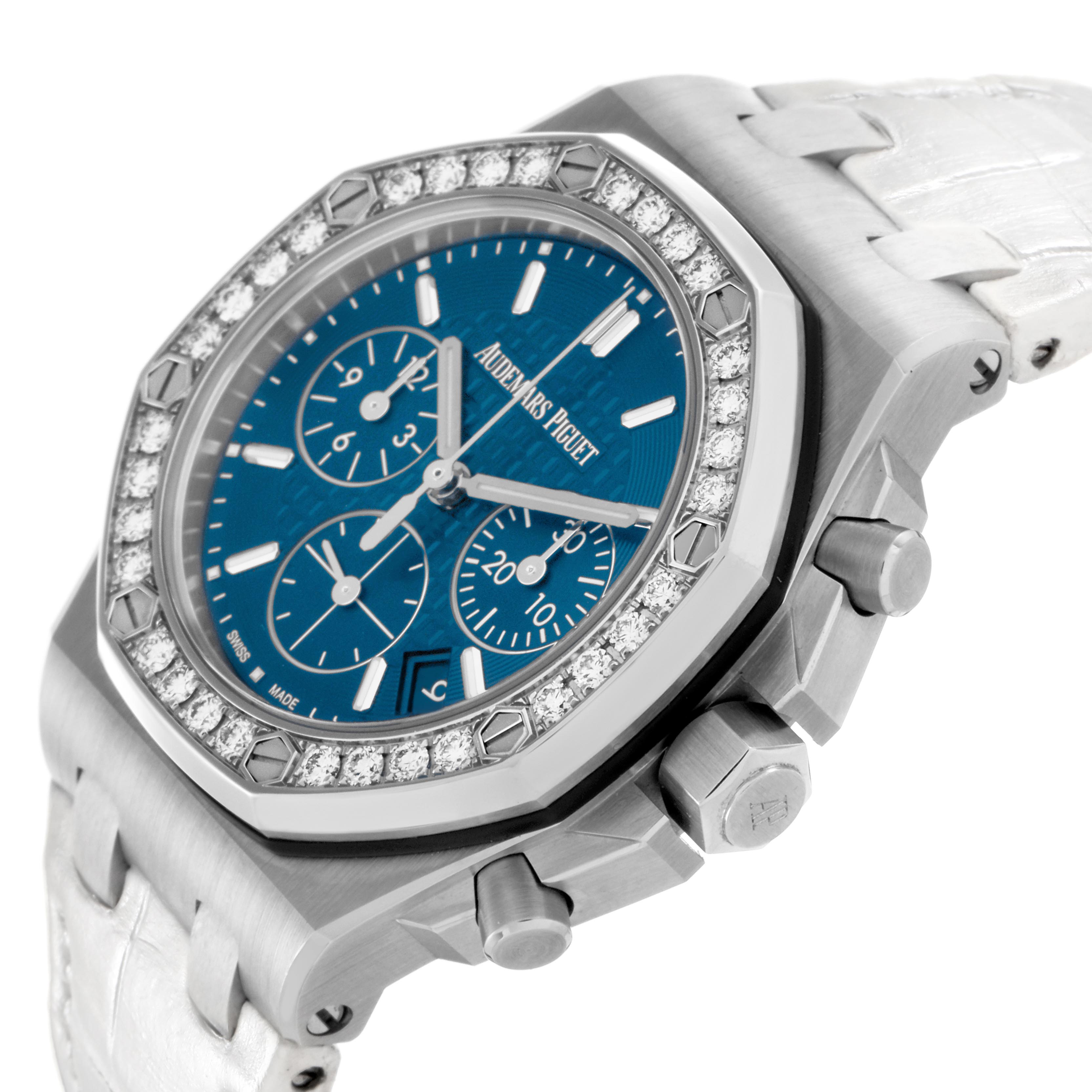 The Audemars Piguet Royal Oak Offshore 26231ST Women's Stainless Steel Blue Dial 26231ST Women's Stainless Steel Blue Dial watch is shown at a three-quarter angle, highlighting the bezel, dial, and pushers.