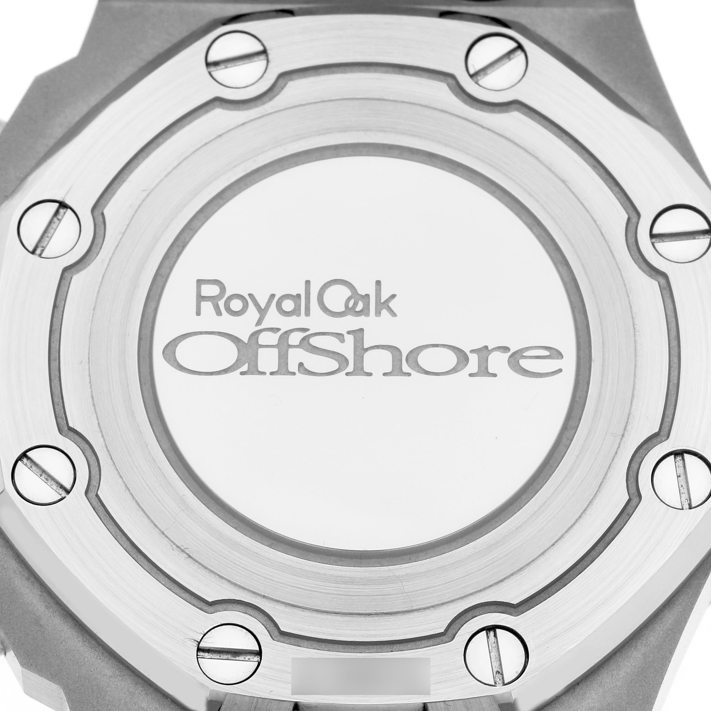 The image shows the case back of an Audemars Piguet Royal Oak Offshore 26231ST Women's Stainless Steel Blue Dial 26231ST Women's Stainless Steel Blue Dial, highlighting the engraved logo and screws.