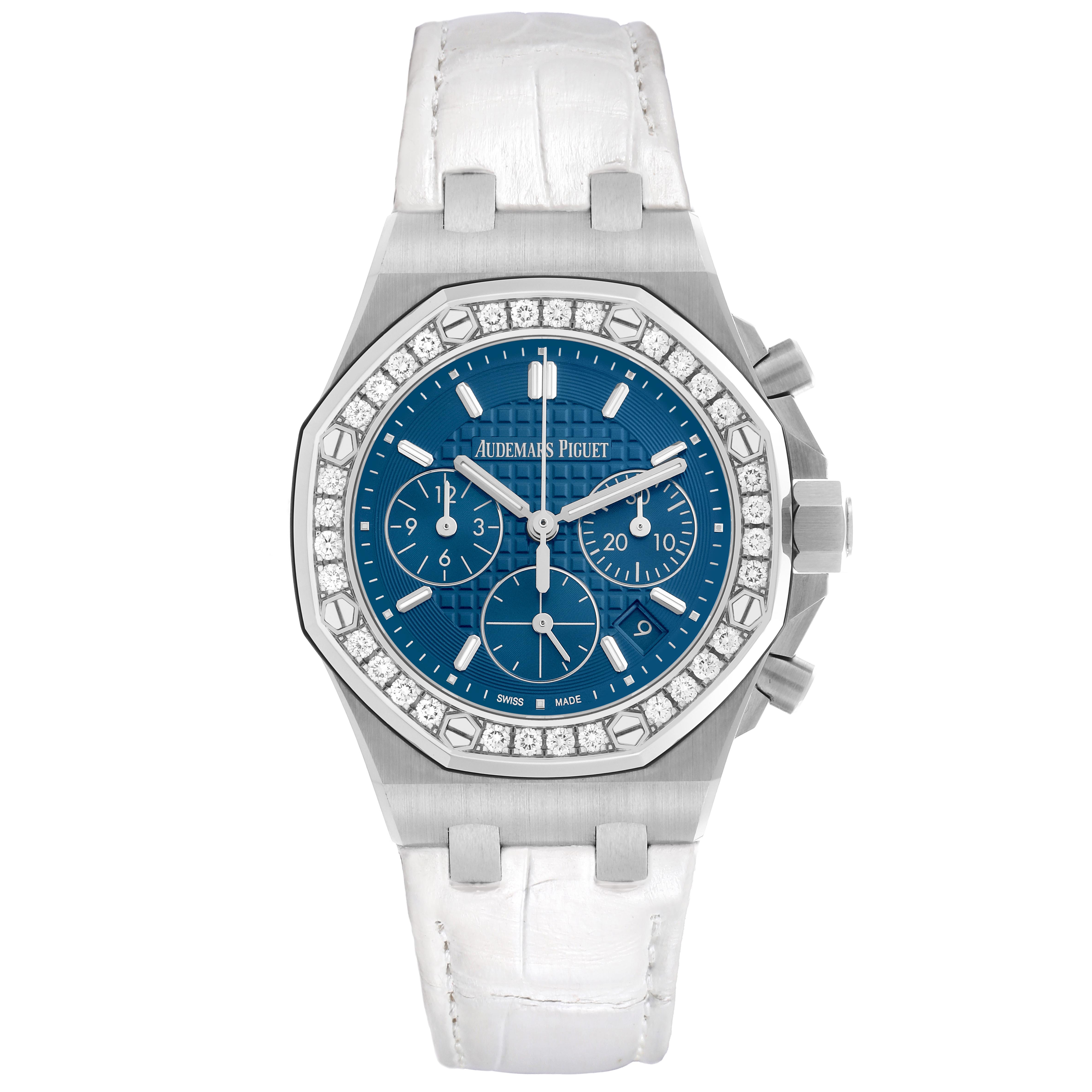The Audemars Piguet Royal Oak Offshore 26231ST Women's Stainless Steel Blue Dial 26231ST Women's Stainless Steel Blue Dial is shown from the front, highlighting the blue dial, diamond bezel, and white strap.