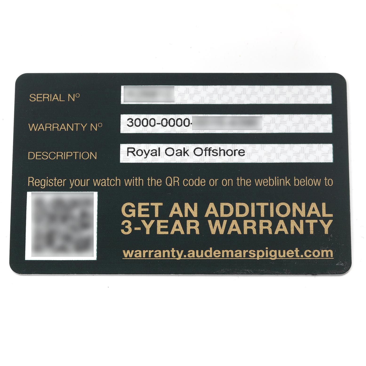 The image shows a warranty card for the Audemars Piguet Royal Oak Offshore 26231ST Women's Stainless Steel Blue Dial 26231ST Women's Stainless Steel Blue Dial model, displaying serial and warranty numbers.