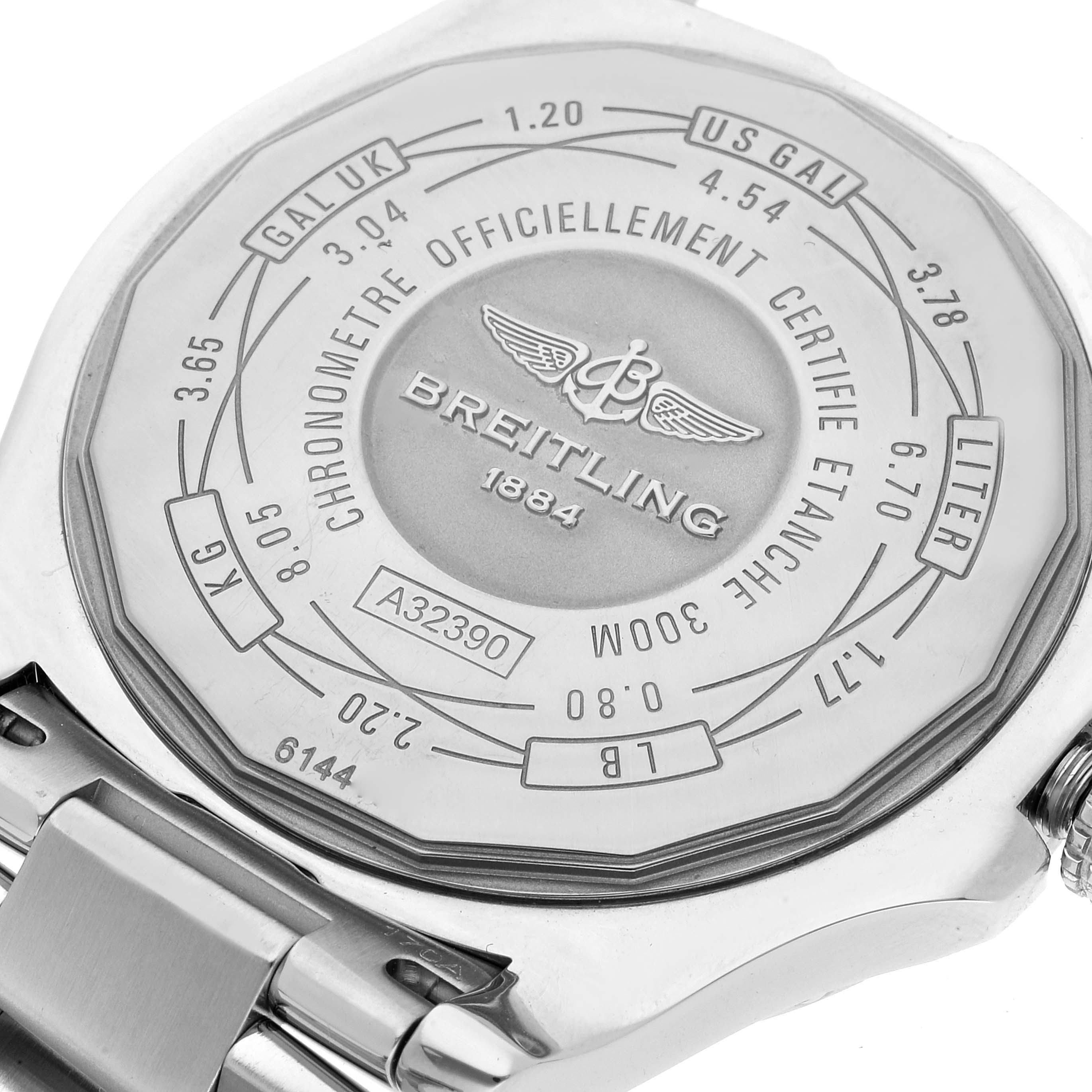 This image shows the back case of a Breitling Avenger A3239011/C930 Men's Stainless Steel Mother of Pearl Dial A3239011/C930 Men's Stainless Steel Mother of Pearl Dial watch, including the model number and brand insignia.