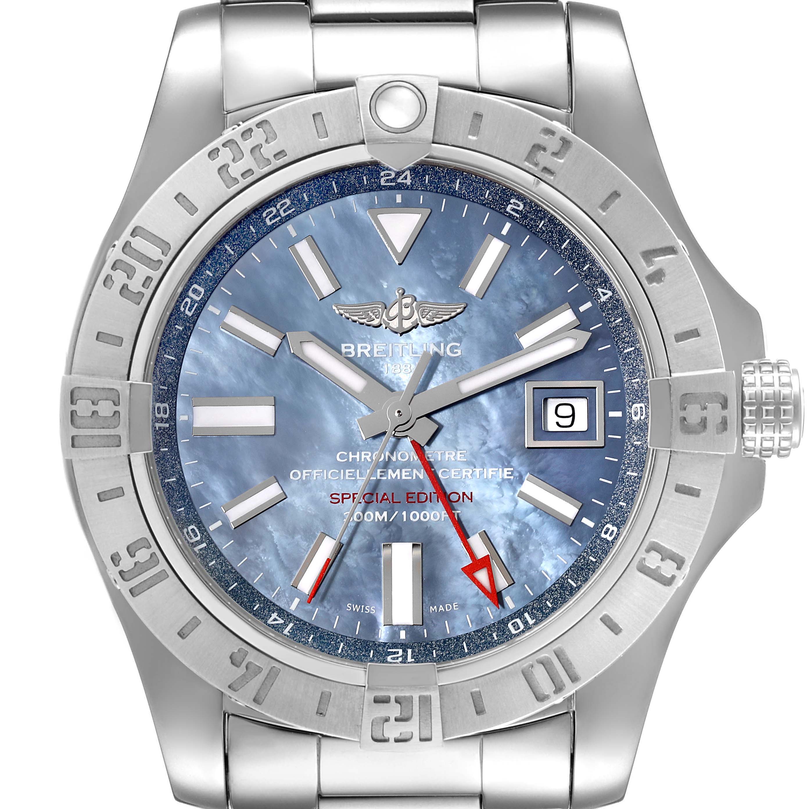 The image shows a front view of the dial and bezel of the Breitling Avenger A3239011/C930 Men's Stainless Steel Mother of Pearl Dial A3239011/C930 Men's Stainless Steel Mother of Pearl Dial watch.