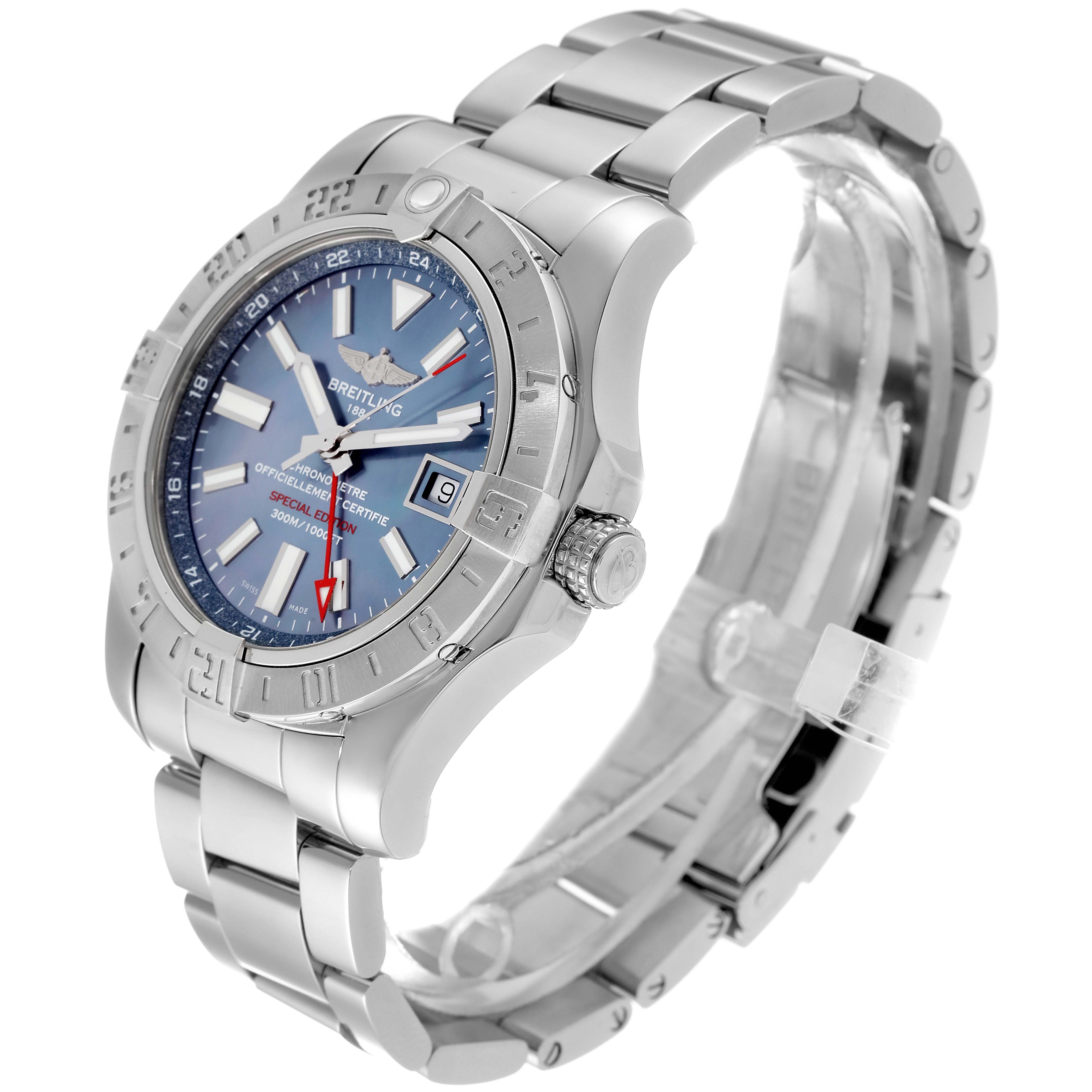 The Breitling Avenger A3239011/C930 Men's Stainless Steel Mother of Pearl Dial A3239011/C930 Men's Stainless Steel Mother of Pearl Dial watch is shown at an angle highlighting the face, bezel, and bracelet.