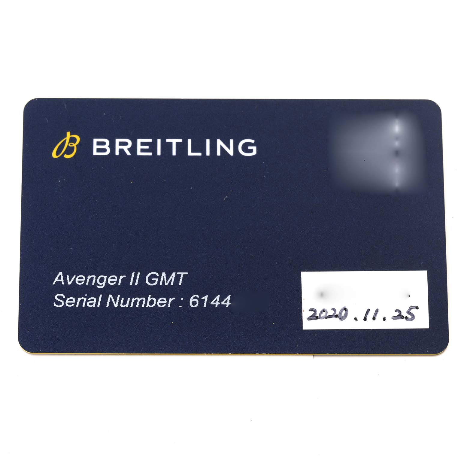 The image shows a Breitling Avenger A3239011/C930 Men's Stainless Steel Mother of Pearl Dial A3239011/C930 Men's Stainless Steel Mother of Pearl Dial II GMT warranty card displaying the model name, serial number, and purchase date.