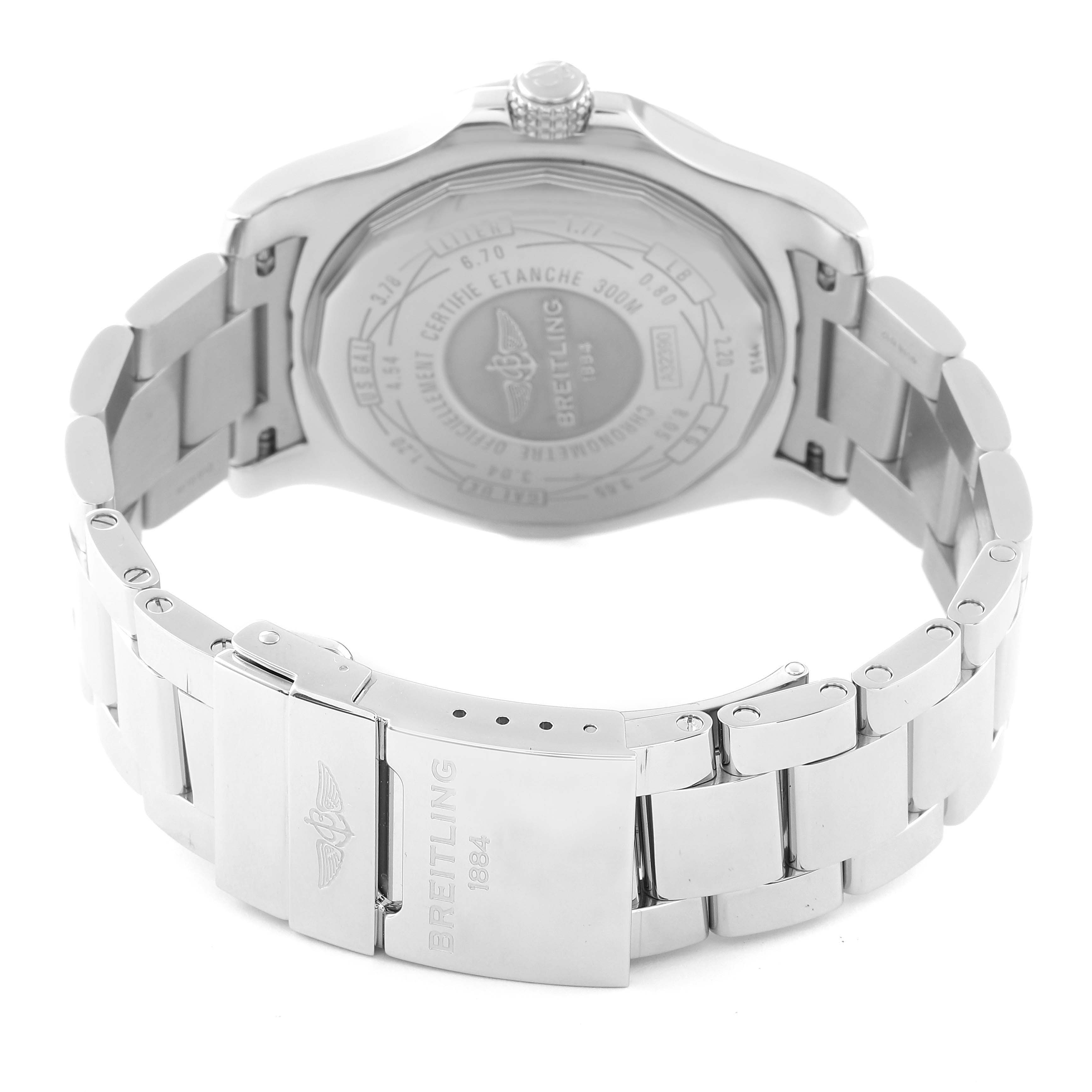 The image shows the back and bracelet of the Breitling Avenger A3239011/C930 Men's Stainless Steel Mother of Pearl Dial A3239011/C930 Men's Stainless Steel Mother of Pearl Dial watch, including its case back and clasp.