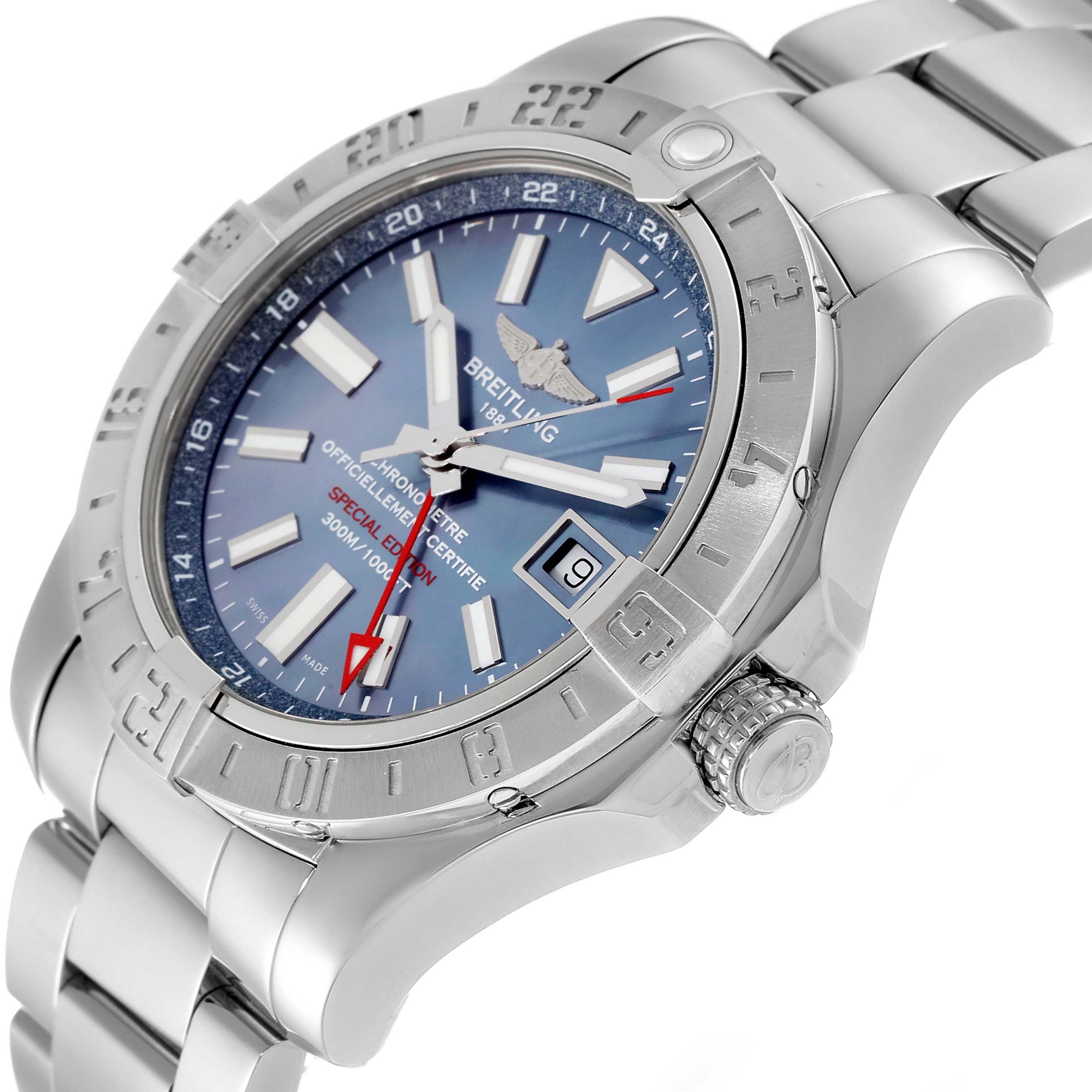 The image shows a side and angled top view of a Breitling Avenger A3239011/C930 Men's Stainless Steel Mother of Pearl Dial A3239011/C930 Men's Stainless Steel Mother of Pearl Dial watch, highlighting its blue dial, bezel, and metal bracelet.