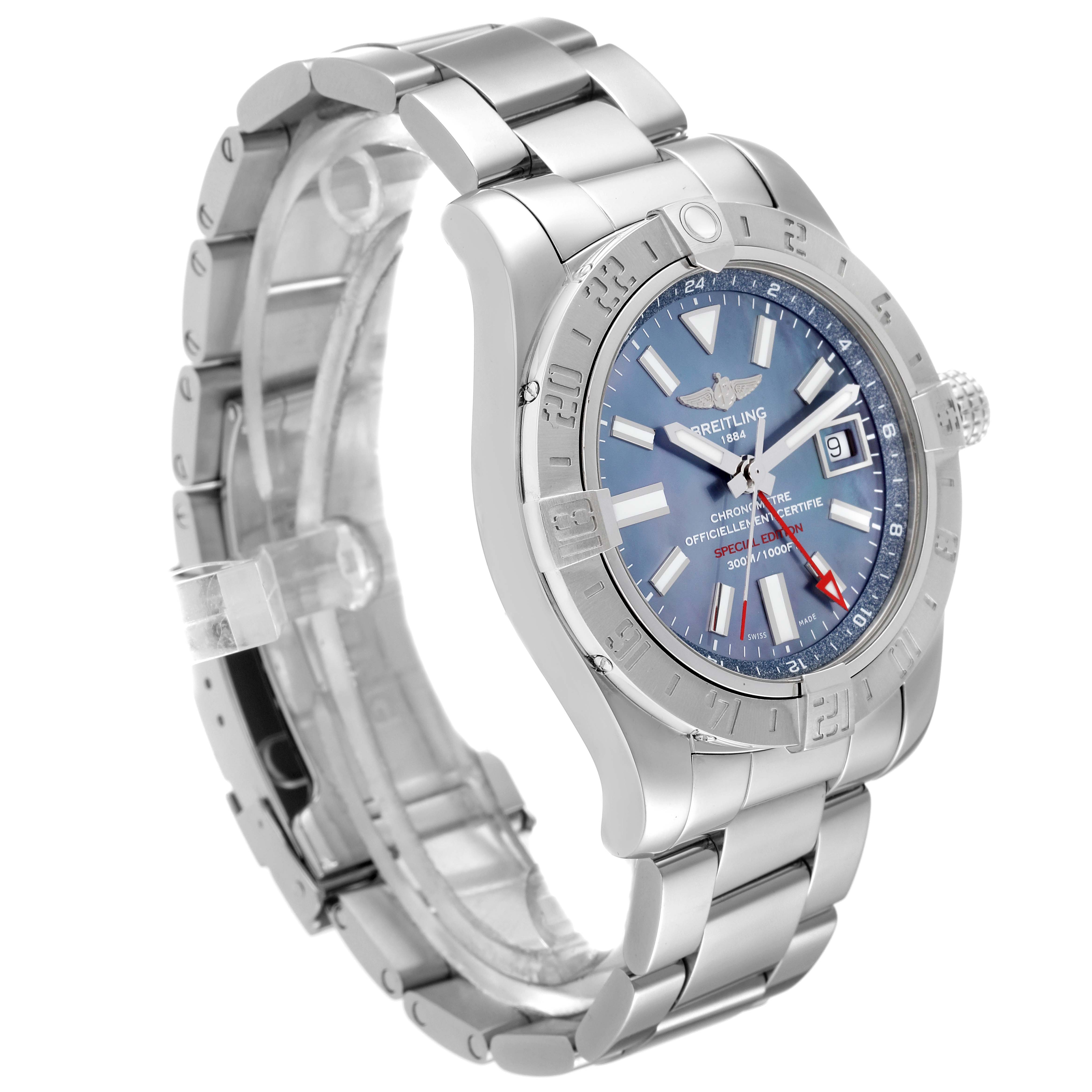 The Breitling Avenger A3239011/C930 Men's Stainless Steel Mother of Pearl Dial A3239011/C930 Men's Stainless Steel Mother of Pearl Dial watch is shown at a side angle, displaying the bezel, dial, crown, and stainless steel bracelet.