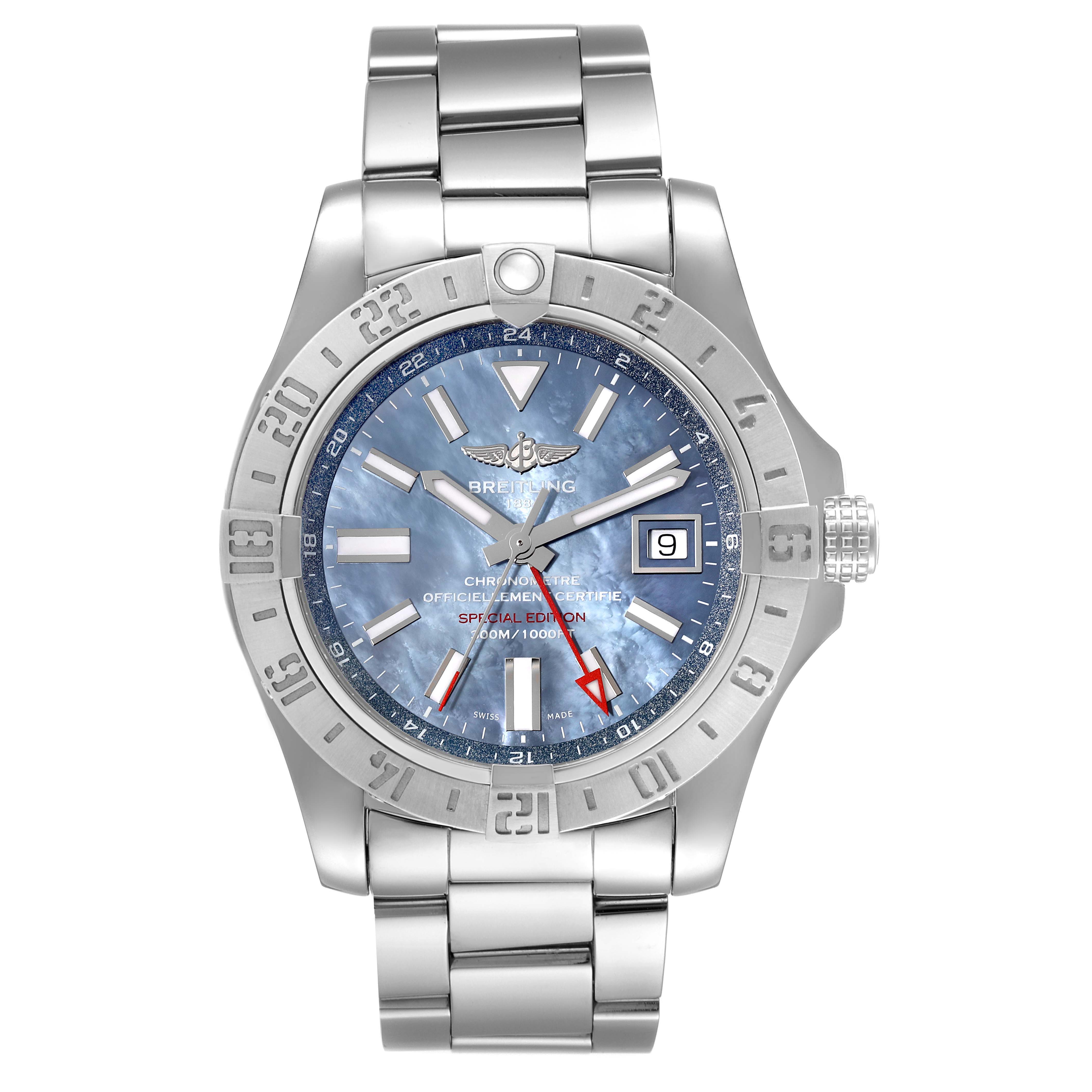 The image shows a front view of a Breitling Avenger A3239011/C930 Men's Stainless Steel Mother of Pearl Dial A3239011/C930 Men's Stainless Steel Mother of Pearl Dial watch, highlighting its dial, bezel, and bracelet.