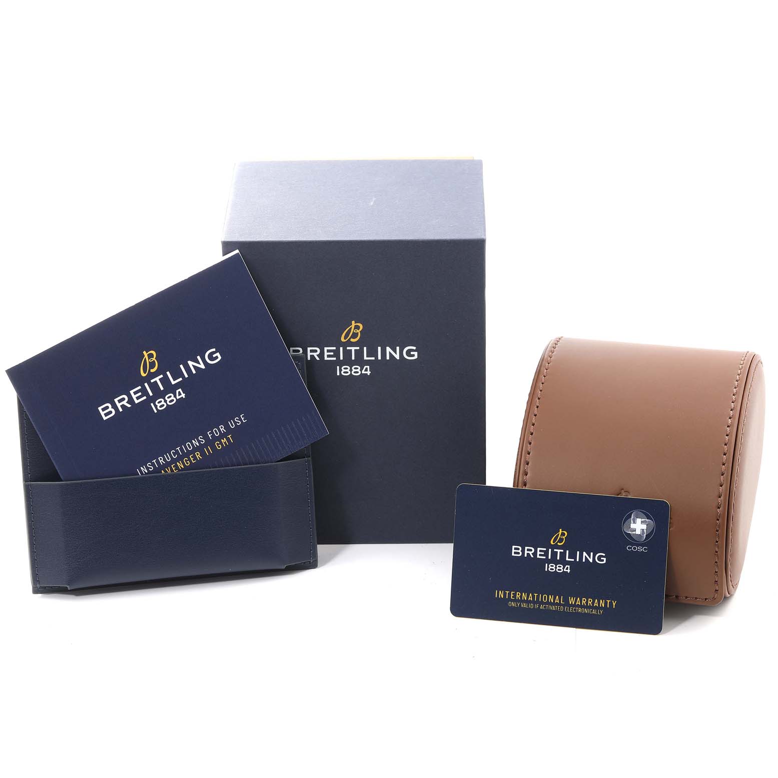 The image shows the packaging, instructions, international warranty card, and leather case for the Breitling Avenger A3239011/C930 Men's Stainless Steel Mother of Pearl Dial A3239011/C930 Men's Stainless Steel Mother of Pearl Dial watch.