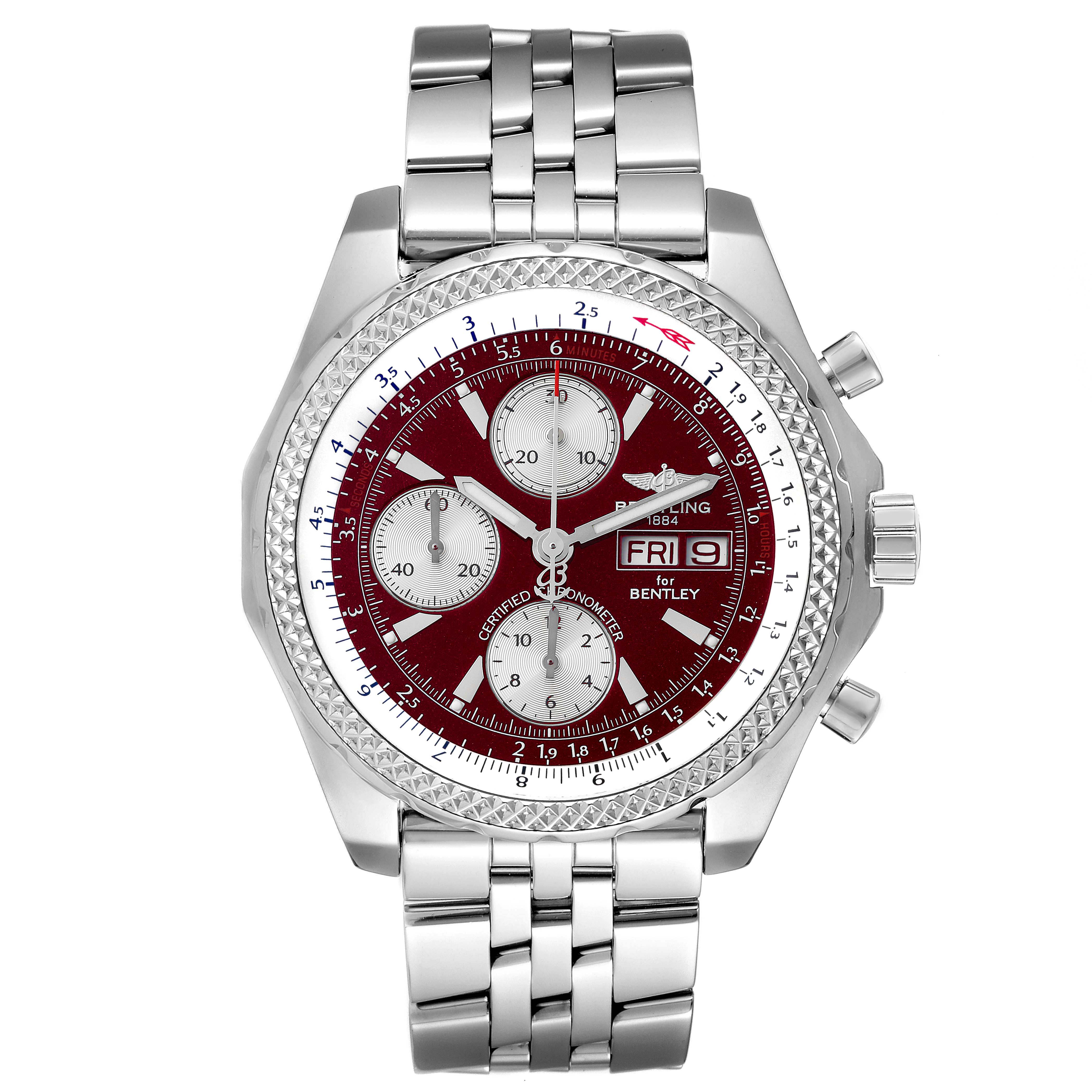 The image shows a top view of the Breitling Bentley A13362 Men's Stainless Steel Burgundy Dial A13362 Men's Stainless Steel Burgundy Dial watch, highlighting its dial, case, and metal bracelet.