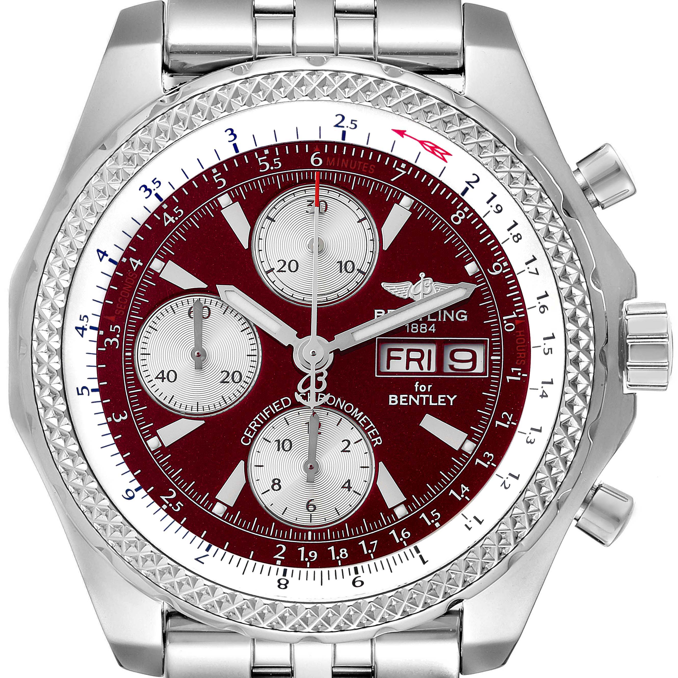 The image shows a front view of the Breitling Bentley A13362 Men's Stainless Steel Burgundy Dial A13362 Men's Stainless Steel Burgundy Dial watch, highlighting the dial, subdials, bezel, and part of the bracelet.