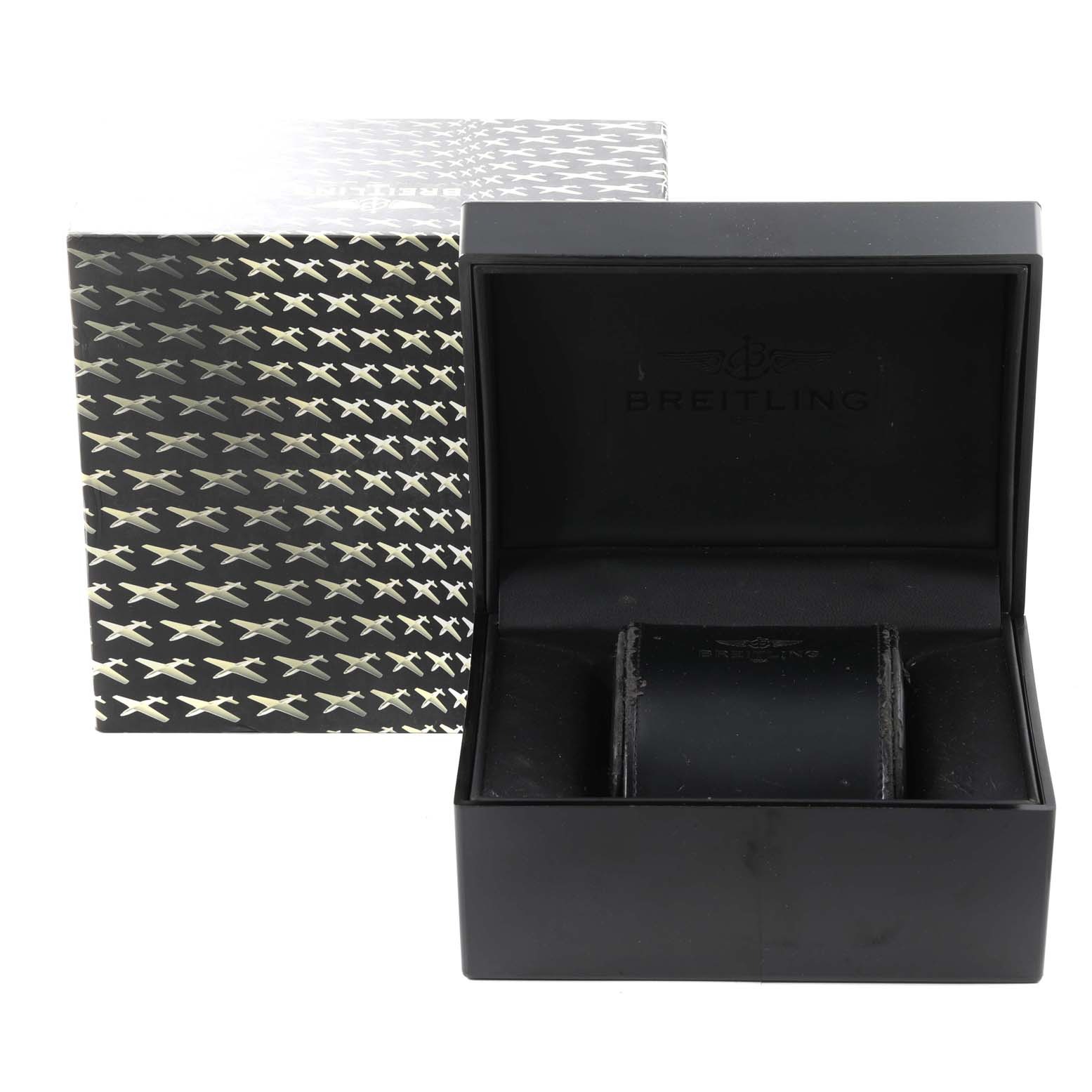 The image shows an open Breitling Bentley A13362 Men's Stainless Steel Burgundy Dial A13362 Men's Stainless Steel Burgundy Dial watch box and the outer decorative packaging.
