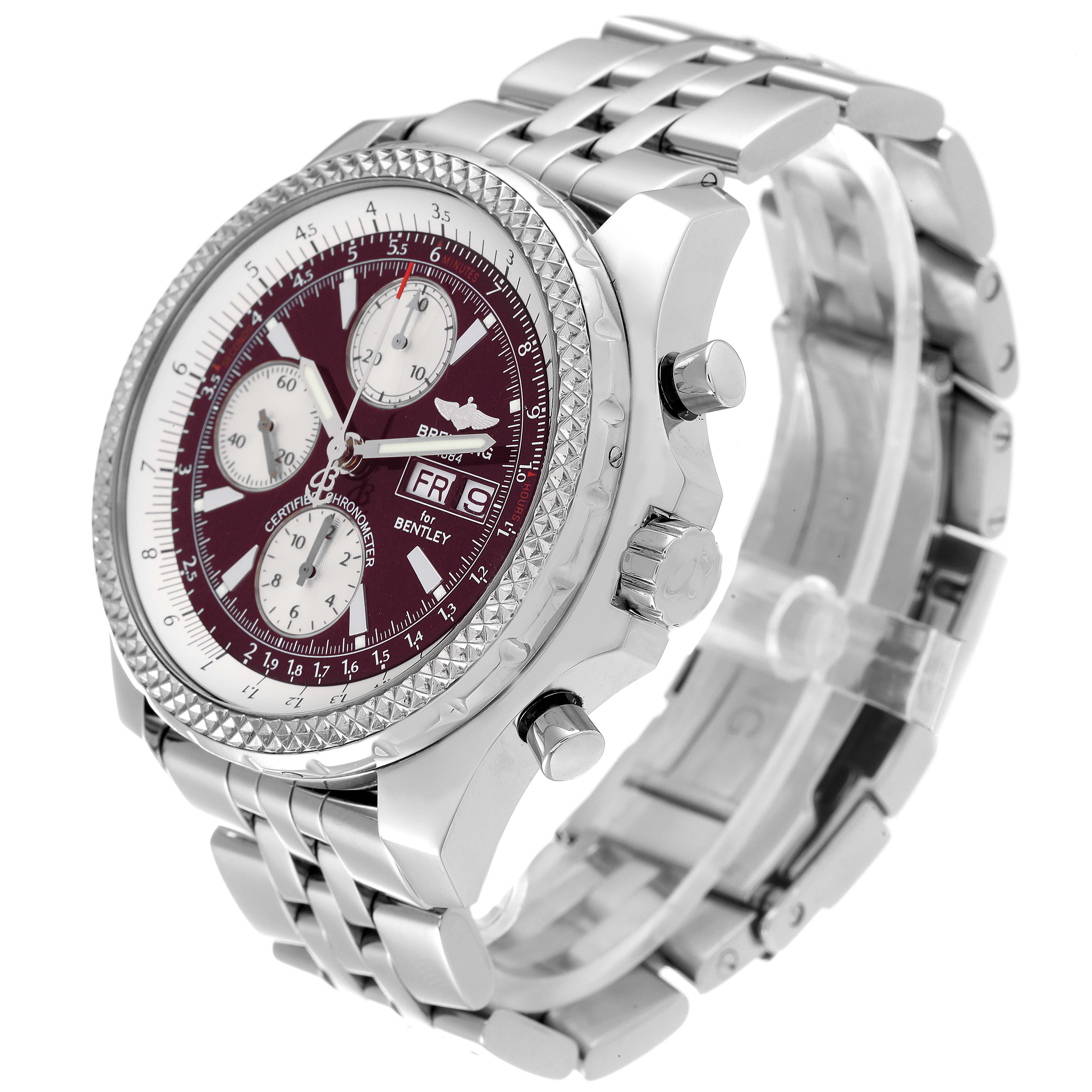This image shows a Breitling Bentley A13362 Men's Stainless Steel Burgundy Dial A13362 Men's Stainless Steel Burgundy Dial model watch at an oblique angle, highlighting its face, bezel, pushers, and metal strap.