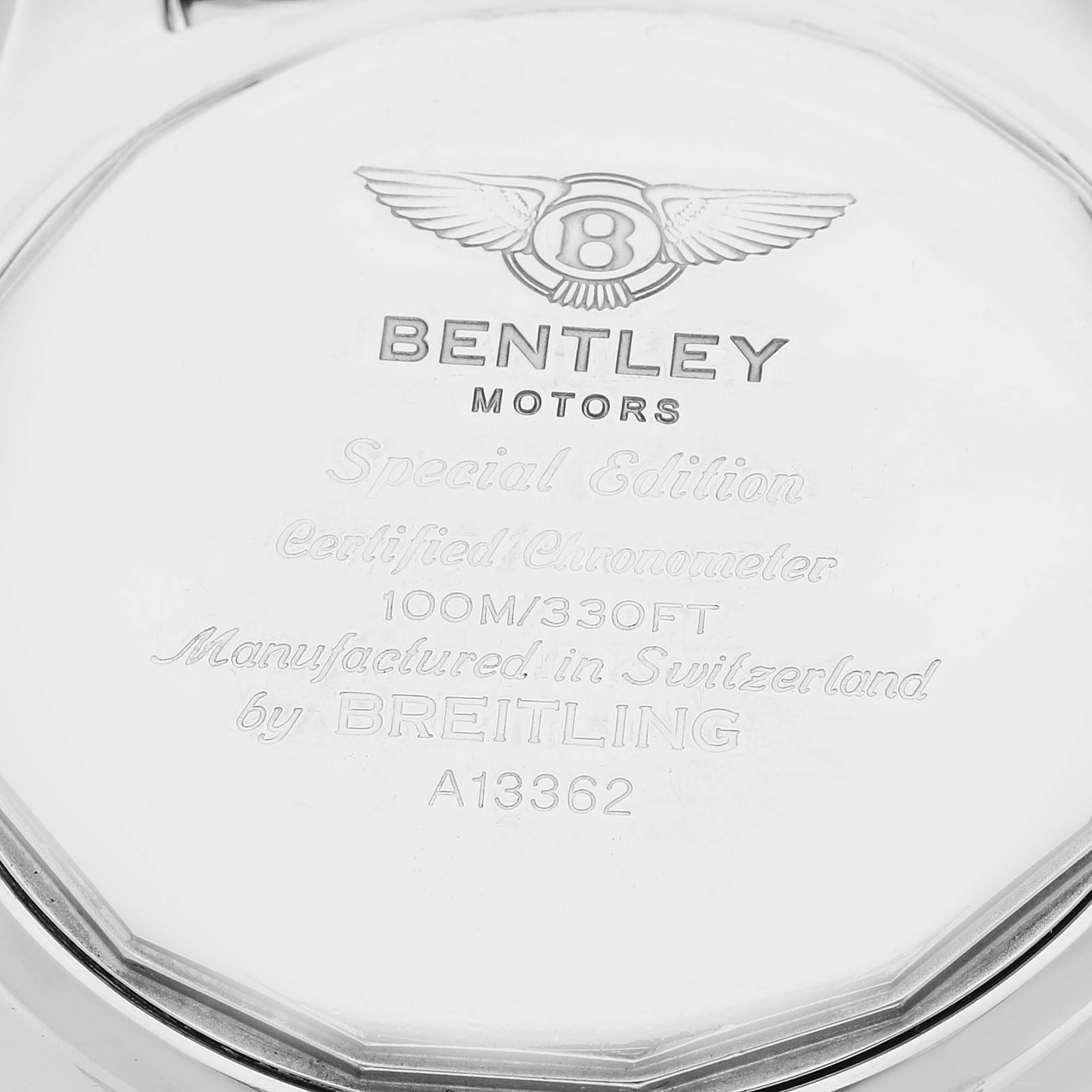 The image shows the engraved back case of a Bentley model watch by Breitling, including its branding and specifications.
