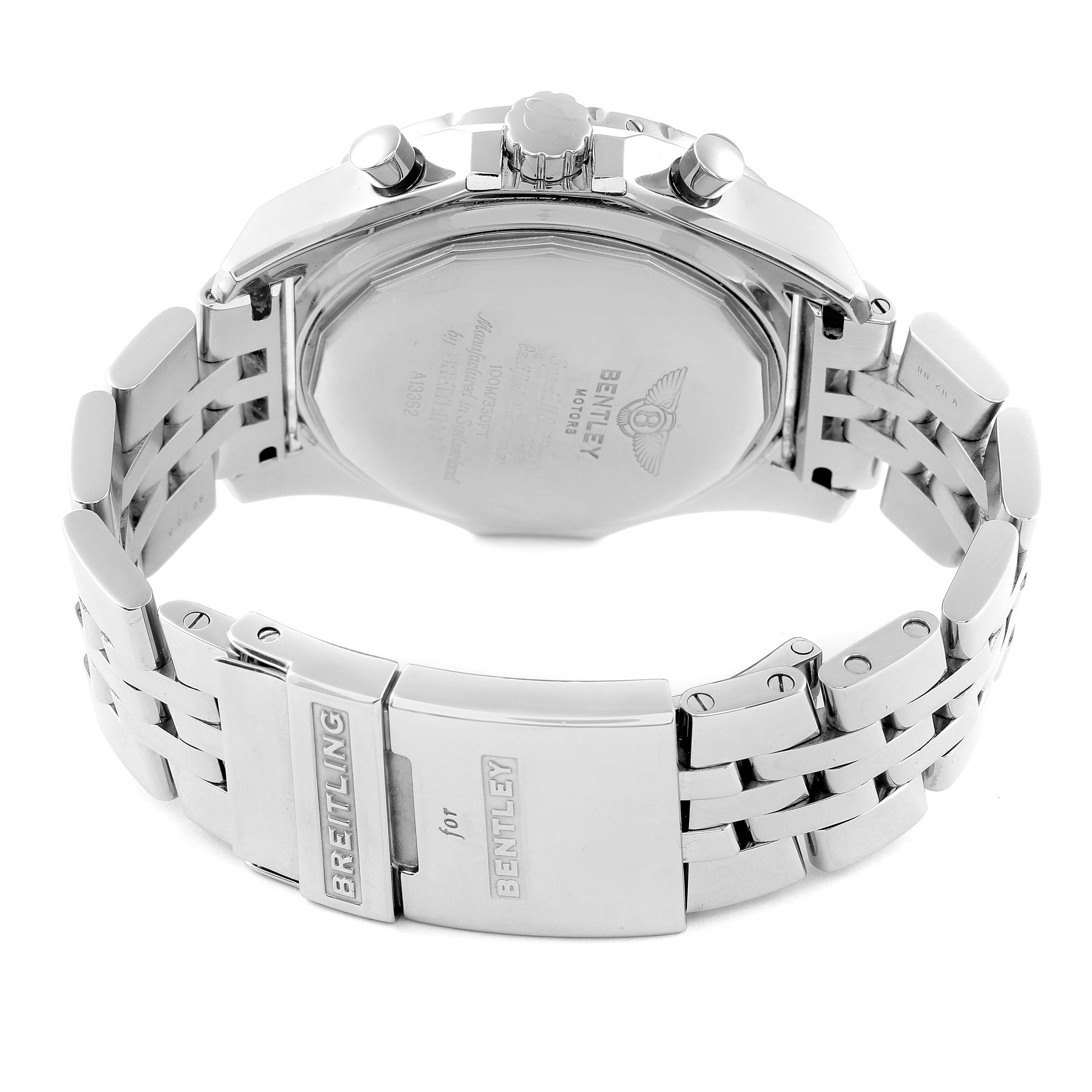 The image shows the back view of a Bentley model watch by Breitling, highlighting the case back and bracelet clasp.