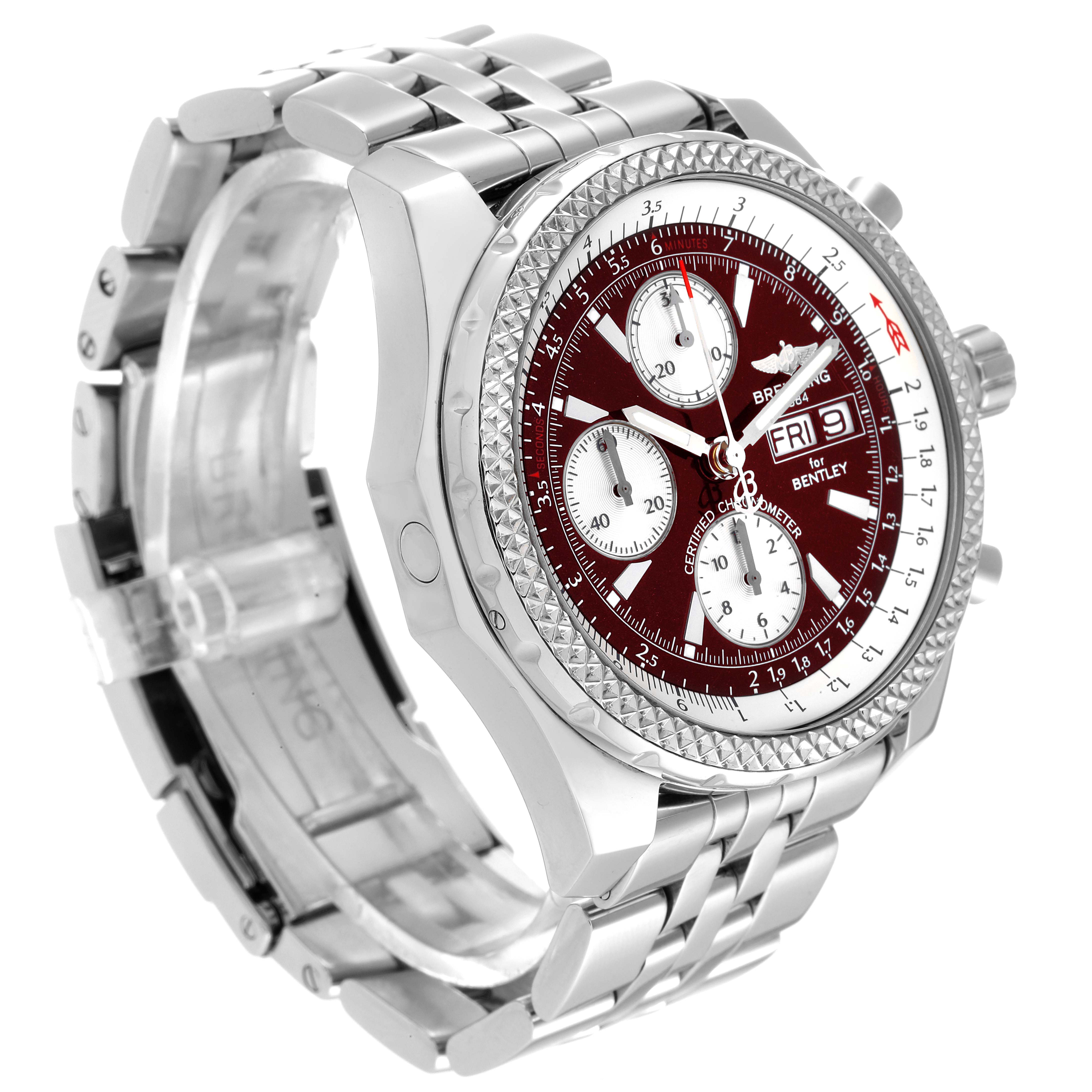 This image shows a Bentley model by Breitling from an oblique angle, highlighting the watch face, bezel, and metal bracelet.