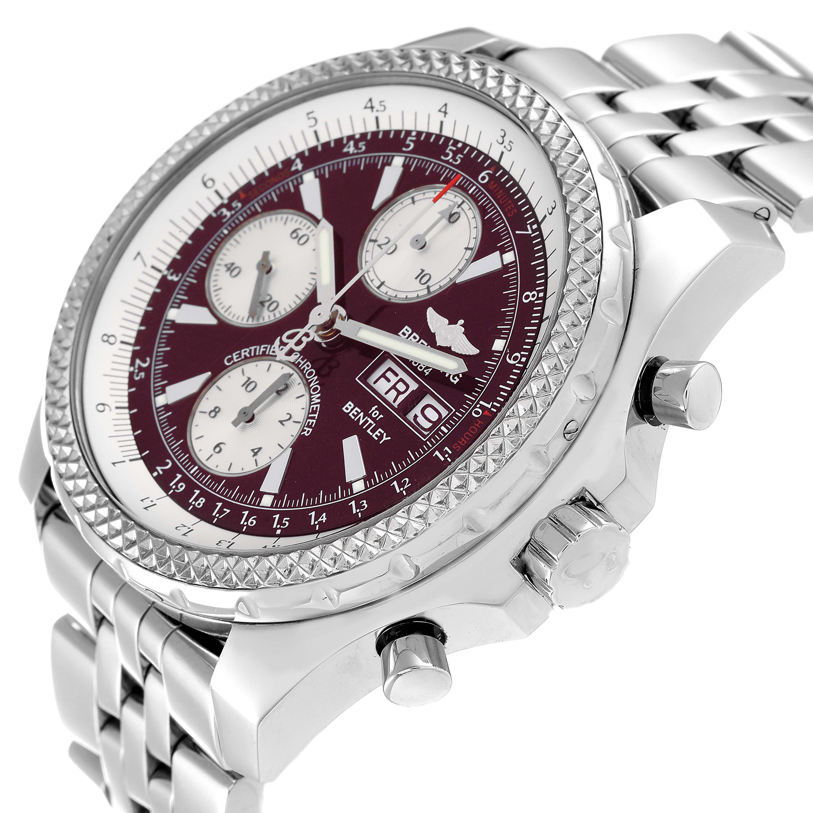 The Bentley model by Breitling is shown from an angled side view, displaying its dial, bezel, pushers, and bracelet.