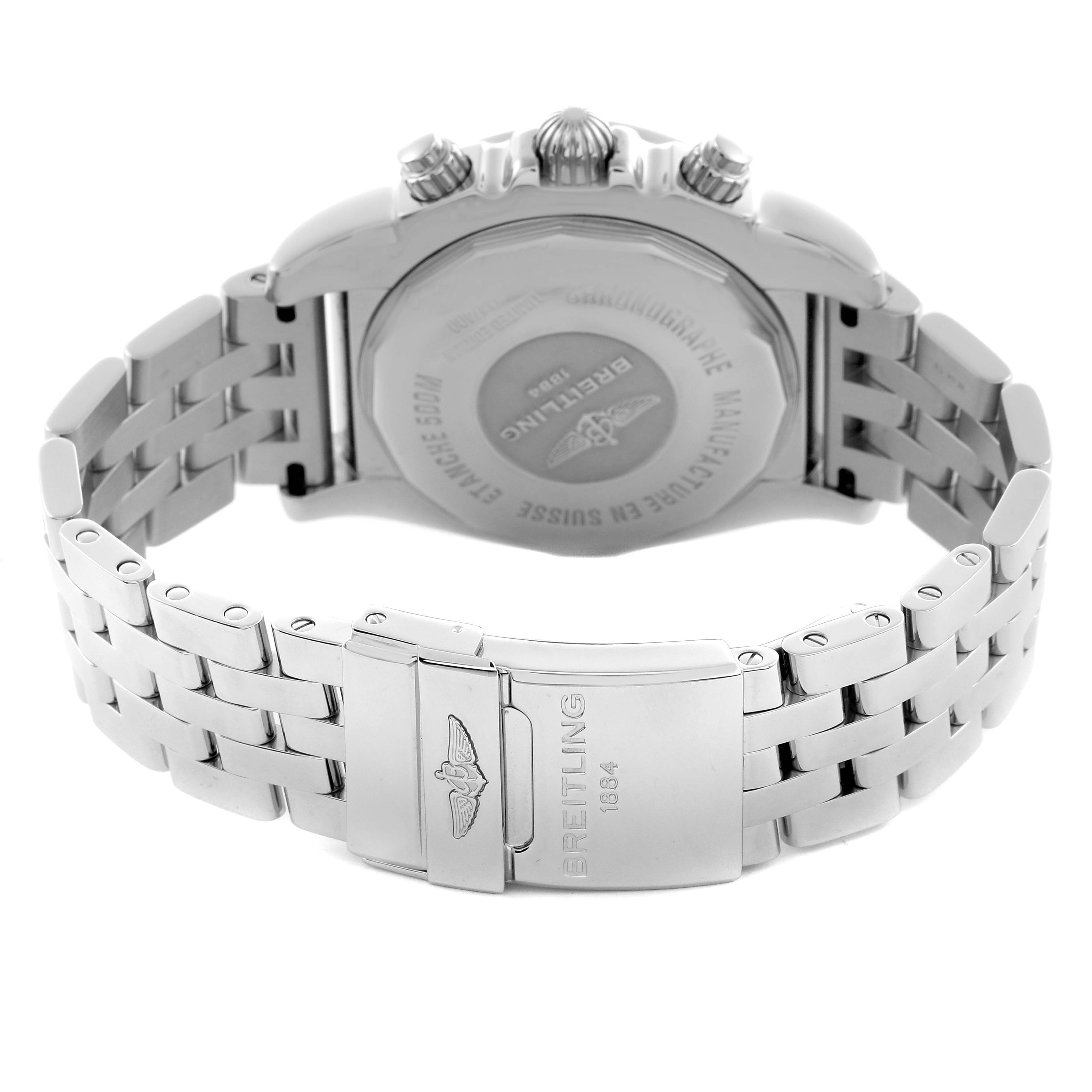 The image shows the back view of the Breitling Chronomat AB0110 Men
s Stainless Steel Mother of Pearl Dial AB0110 Men
s Stainless Steel Mother of Pearl Dial, highlighting the case back and metal bracelet clasp.