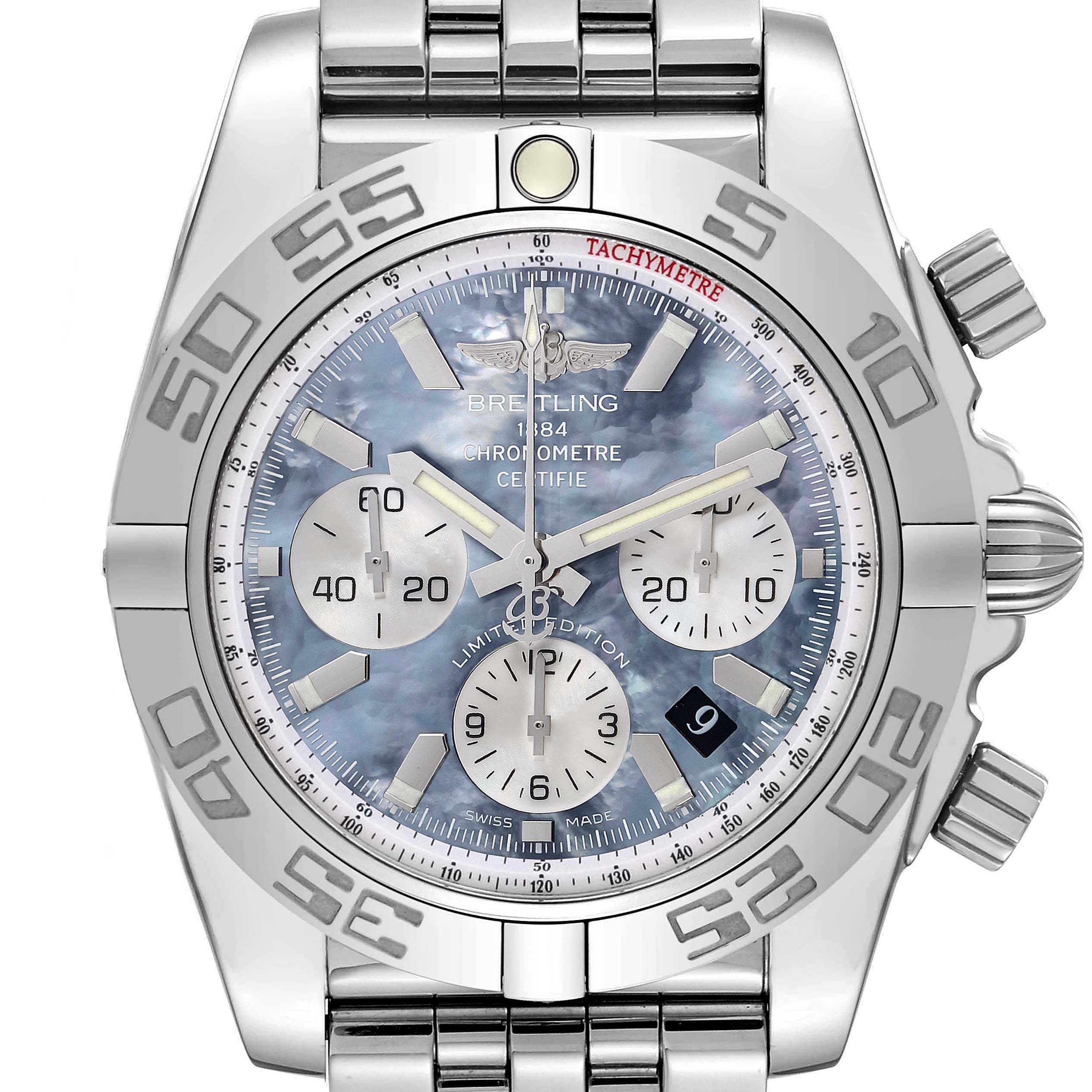 The Breitling Chronomat AB0110 Men
s Stainless Steel Mother of Pearl Dial AB0110 Men
s Stainless Steel Mother of Pearl Dial watch is shown from a front angle, highlighting its face, bezel, and buttons.