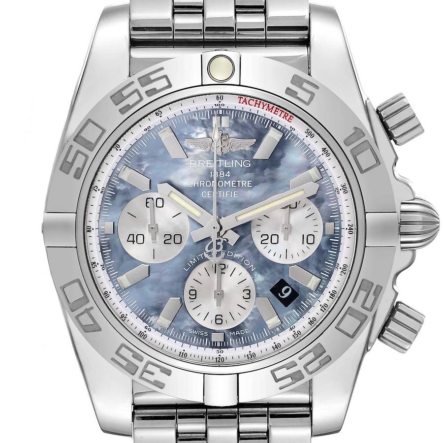 The Breitling Chronomat watch is shown from a front angle, highlighting its face, bezel, and buttons.