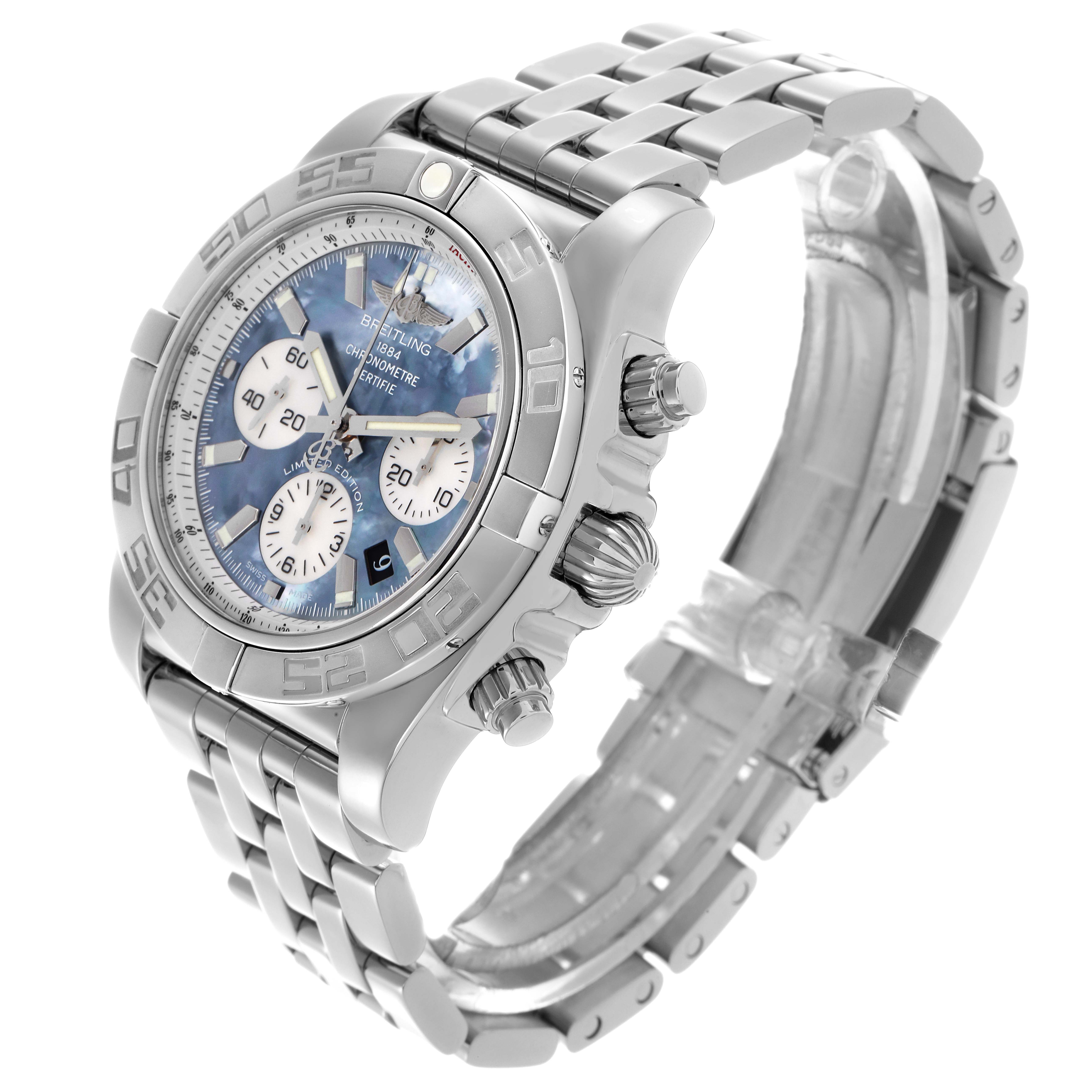 The image shows a Breitling Chronomat AB0110 Men
s Stainless Steel Mother of Pearl Dial AB0110 Men
s Stainless Steel Mother of Pearl Dial watch at a three-quarter angle, highlighting the face, bezel, case, and bracelet.