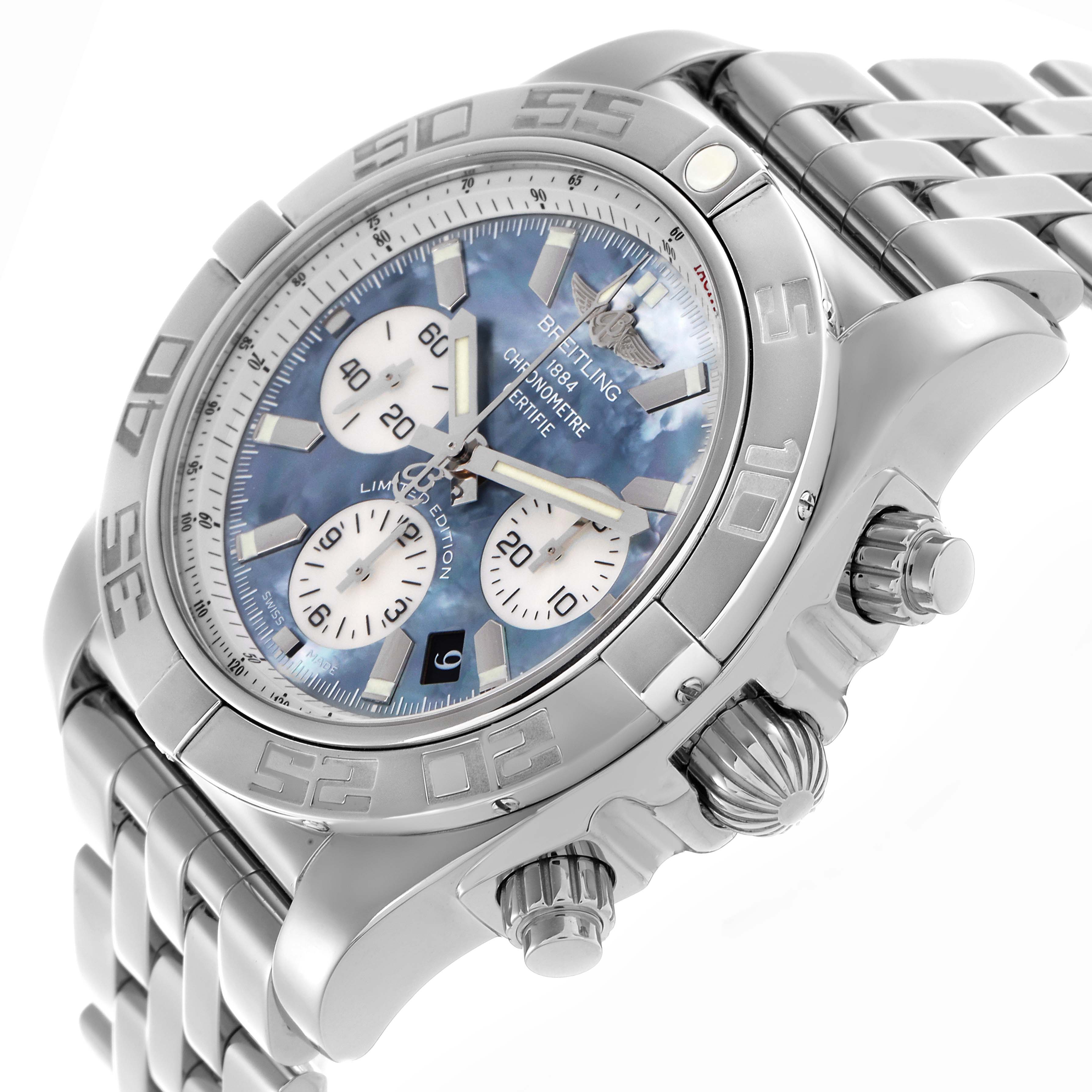 The Breitling Chronomat AB0110 Men
s Stainless Steel Mother of Pearl Dial AB0110 Men
s Stainless Steel Mother of Pearl Dial watch is shown at an angled side view, highlighting the bezel, dial, crown, and pushers.