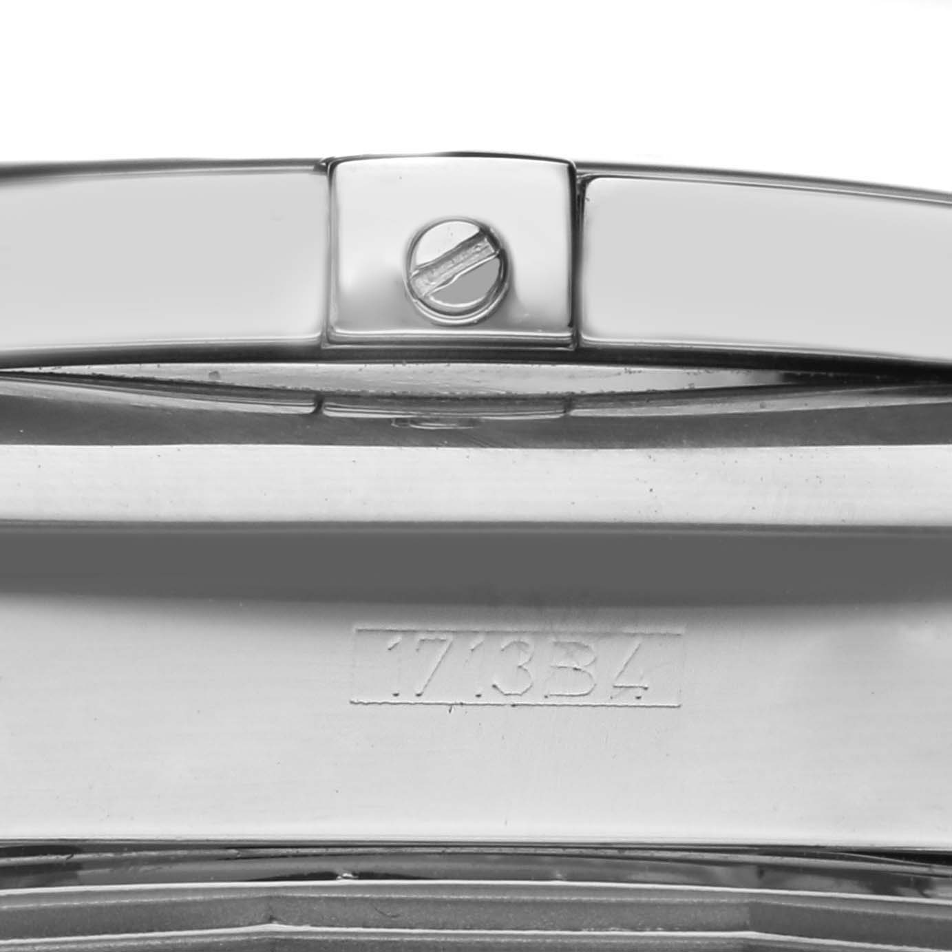 The image shows a close-up of the clasp and part of the bracelet with a visible screw and engraving on the Breitling Chronomat AB0110 Men
s Stainless Steel Mother of Pearl Dial AB0110 Men
s Stainless Steel Mother of Pearl Dial.