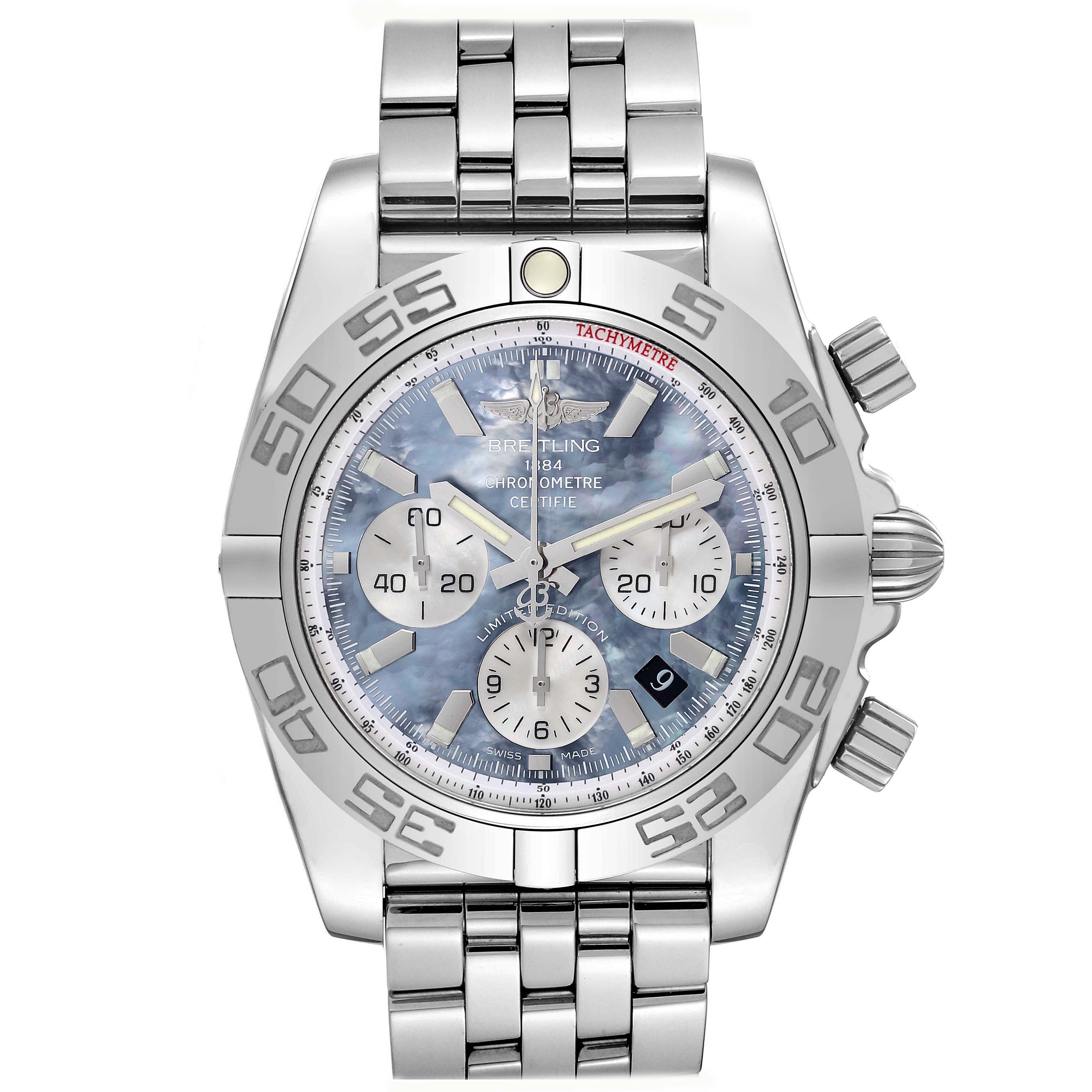 The Breitling Chronomat AB0110 Men
s Stainless Steel Mother of Pearl Dial AB0110 Men
s Stainless Steel Mother of Pearl Dial watch is shown from the front, displaying the dial, bezel, bracelet, and pushers prominently.