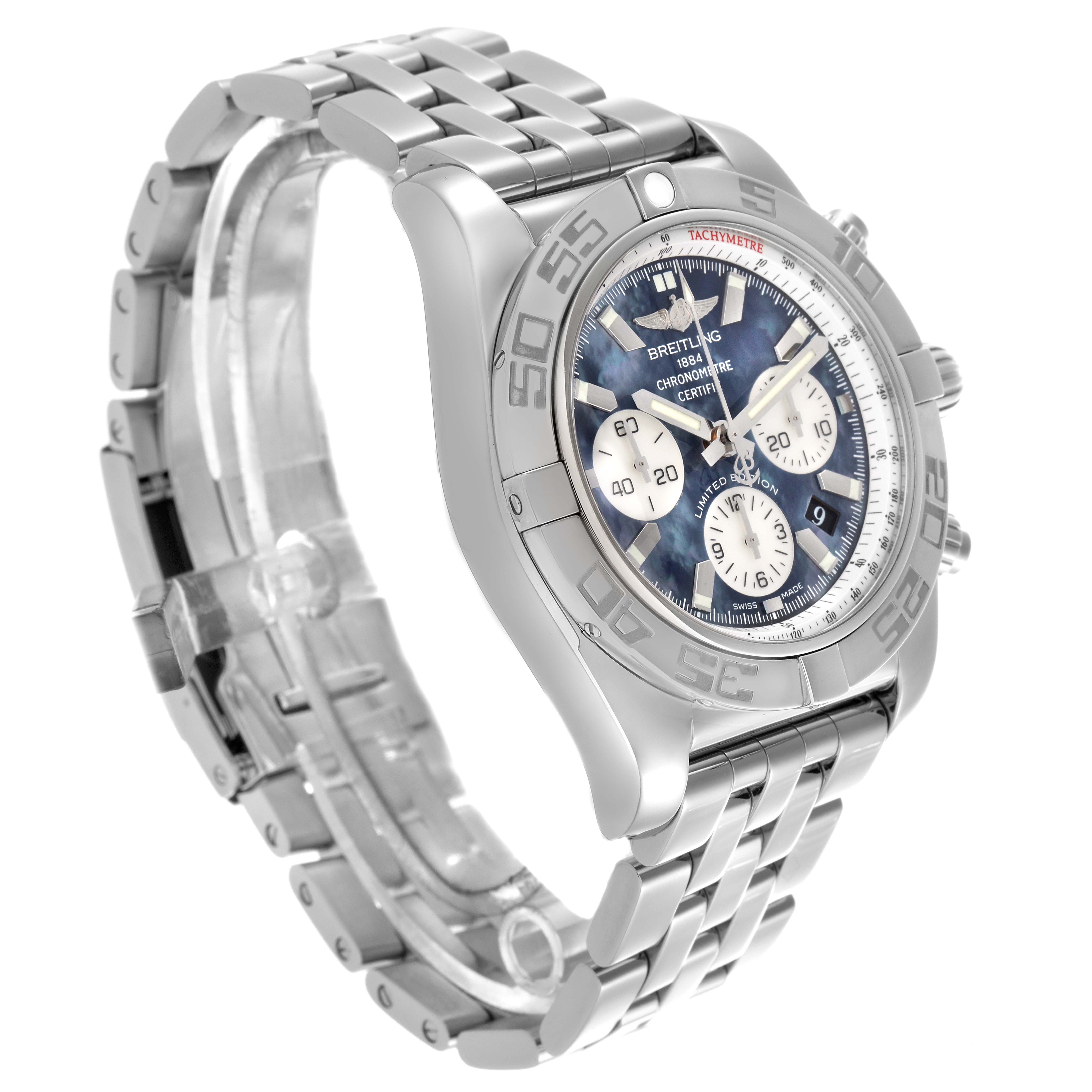The image shows a Breitling Chronomat AB0110 Men
s Stainless Steel Mother of Pearl Dial AB0110 Men
s Stainless Steel Mother of Pearl Dial watch at a three-quarter angle, highlighting the dial, bezel, and metal bracelet.