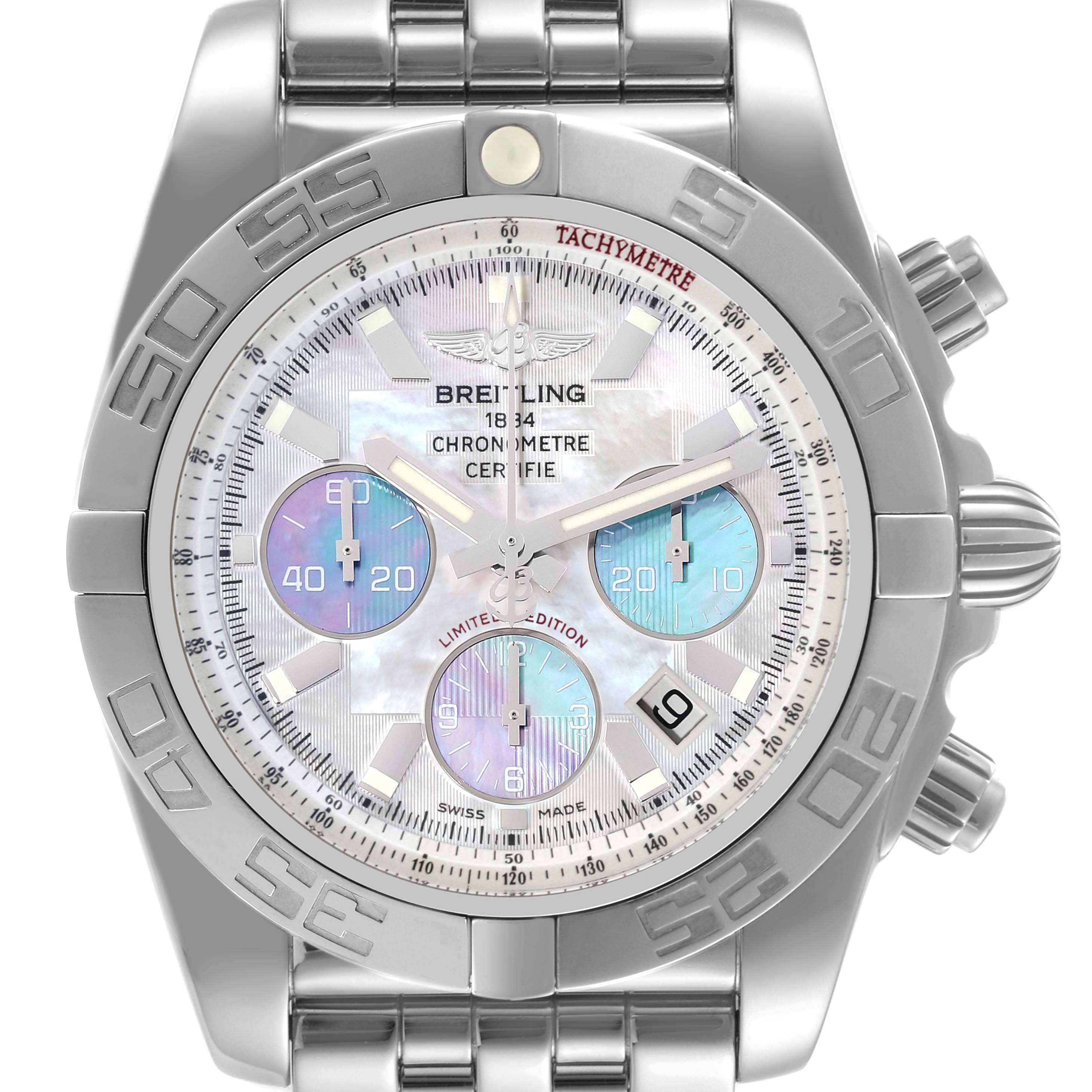 The image shows a front view of the Breitling Chronomat AB0110 Men
s Stainless Steel Mother of Pearl Dial AB0110 Men
s Stainless Steel Mother of Pearl Dial watch, displaying the face, bezel, and part of the bracelet.
