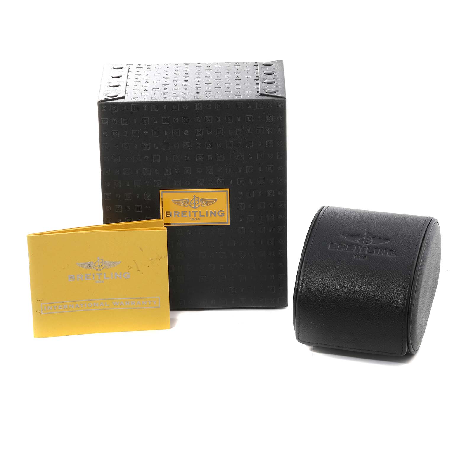 The image shows the packaging, manual, and watch case for the Breitling Chronomat AB0110 Men
s Stainless Steel Mother of Pearl Dial AB0110 Men
s Stainless Steel Mother of Pearl Dial model.