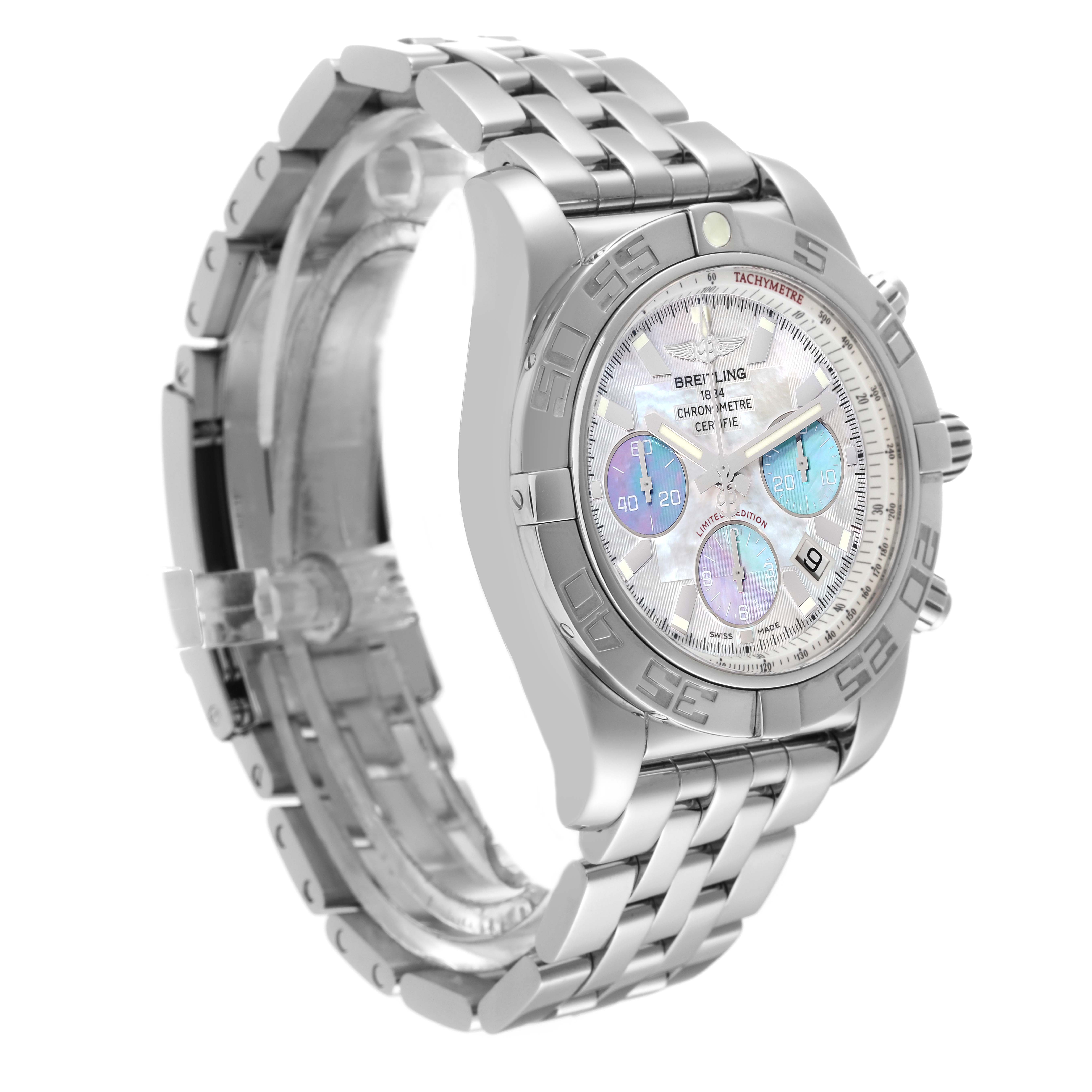 The Breitling Chronomat AB0110 Men
s Stainless Steel Mother of Pearl Dial AB0110 Men
s Stainless Steel Mother of Pearl Dial watch is shown at a three-quarter angle, highlighting its case, bezel, dial, and bracelet.