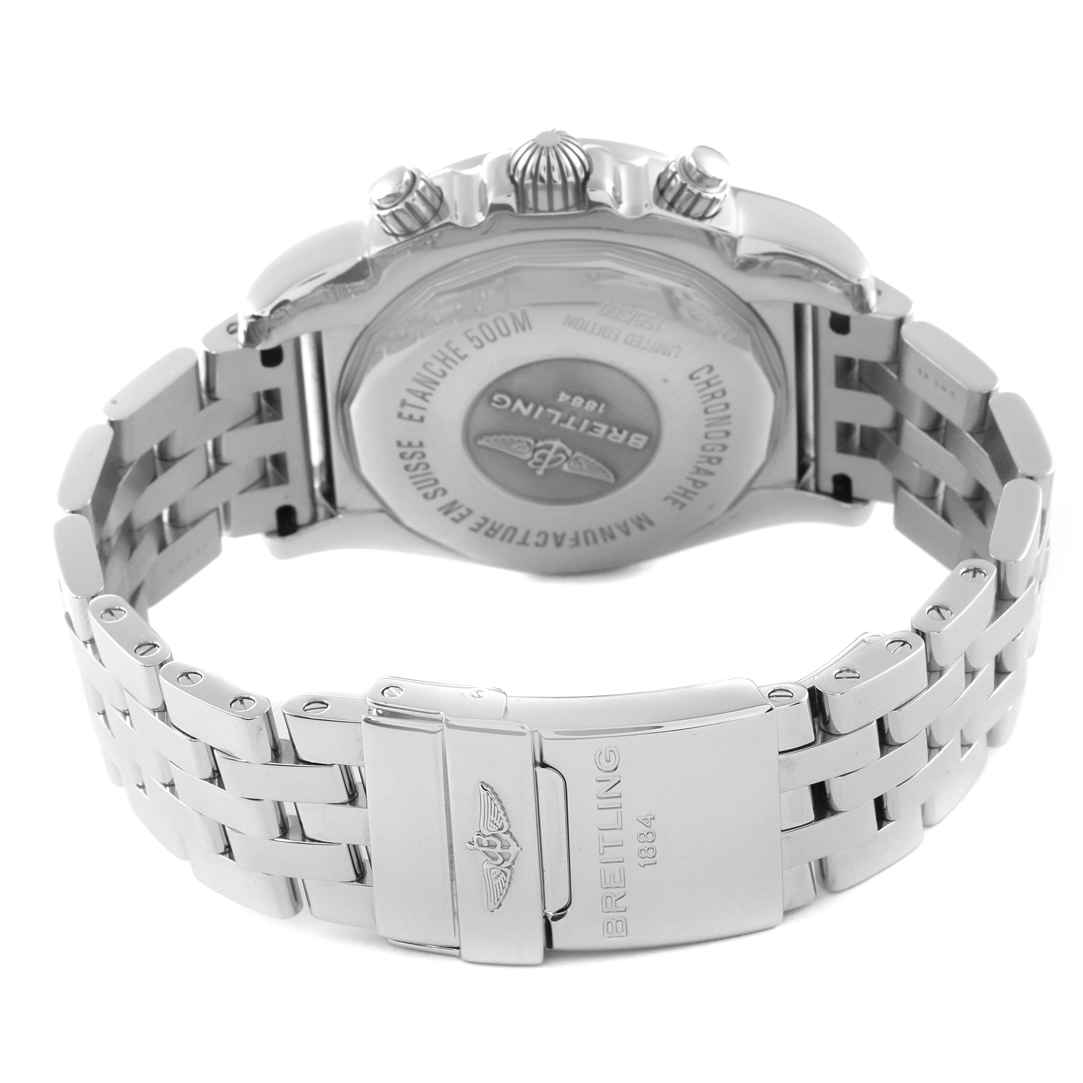 This image shows the back view of the Breitling Chronomat AB0110 Men
s Stainless Steel Mother of Pearl Dial AB0110 Men
s Stainless Steel Mother of Pearl Dial watch, highlighting the clasp and stainless steel bracelet.