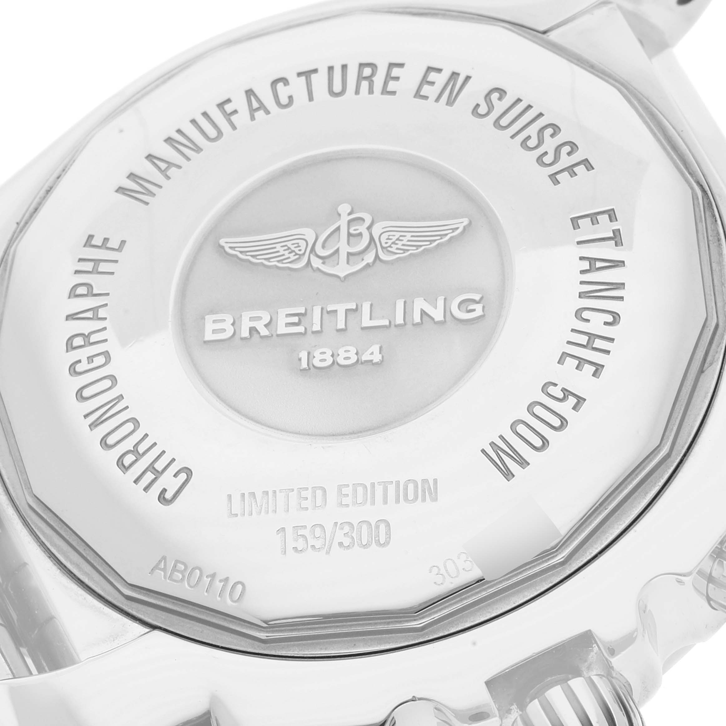 The image shows the back case of the Breitling Chronomat AB0110 Men
s Stainless Steel Mother of Pearl Dial AB0110 Men
s Stainless Steel Mother of Pearl Dial watch, highlighting its limited edition numbering and engraving.