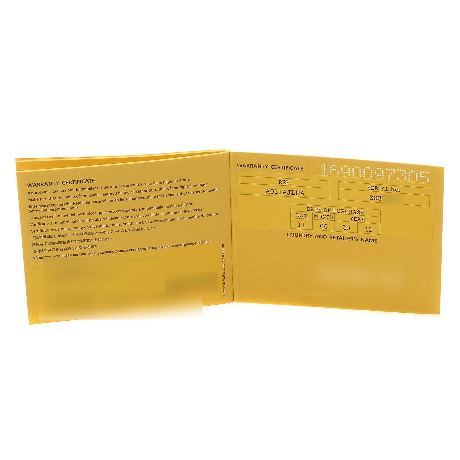 The image shows the inside spread of a yellow warranty certificate for a Breitling Chronomat AB0110 Men
s Stainless Steel Mother of Pearl Dial AB0110 Men
s Stainless Steel Mother of Pearl Dial watch model.