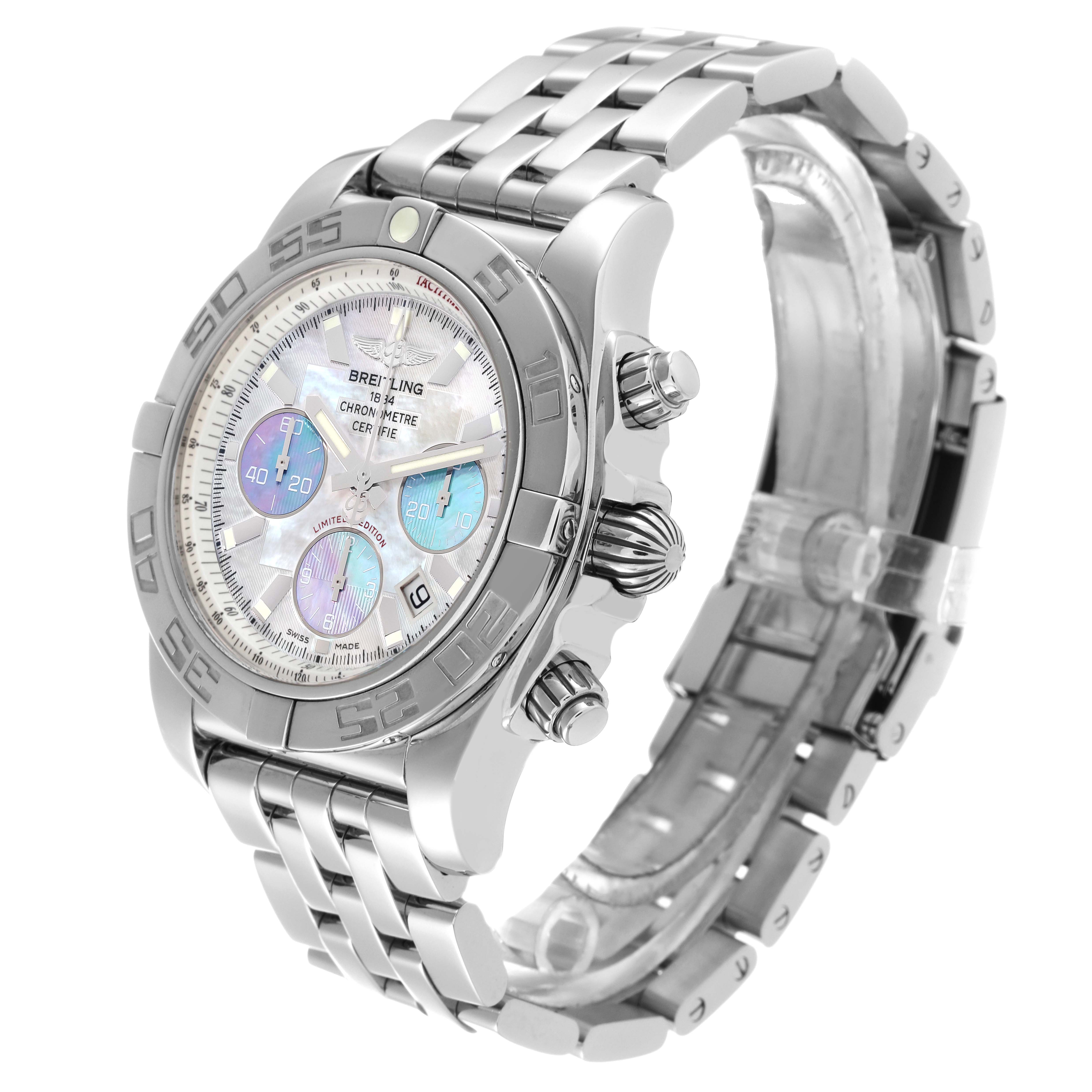 The image shows a side and front angle of a Breitling Chronomat AB0110 Men
s Stainless Steel Mother of Pearl Dial AB0110 Men
s Stainless Steel Mother of Pearl Dial watch, highlighting its face, bezel, and stainless steel bracelet.