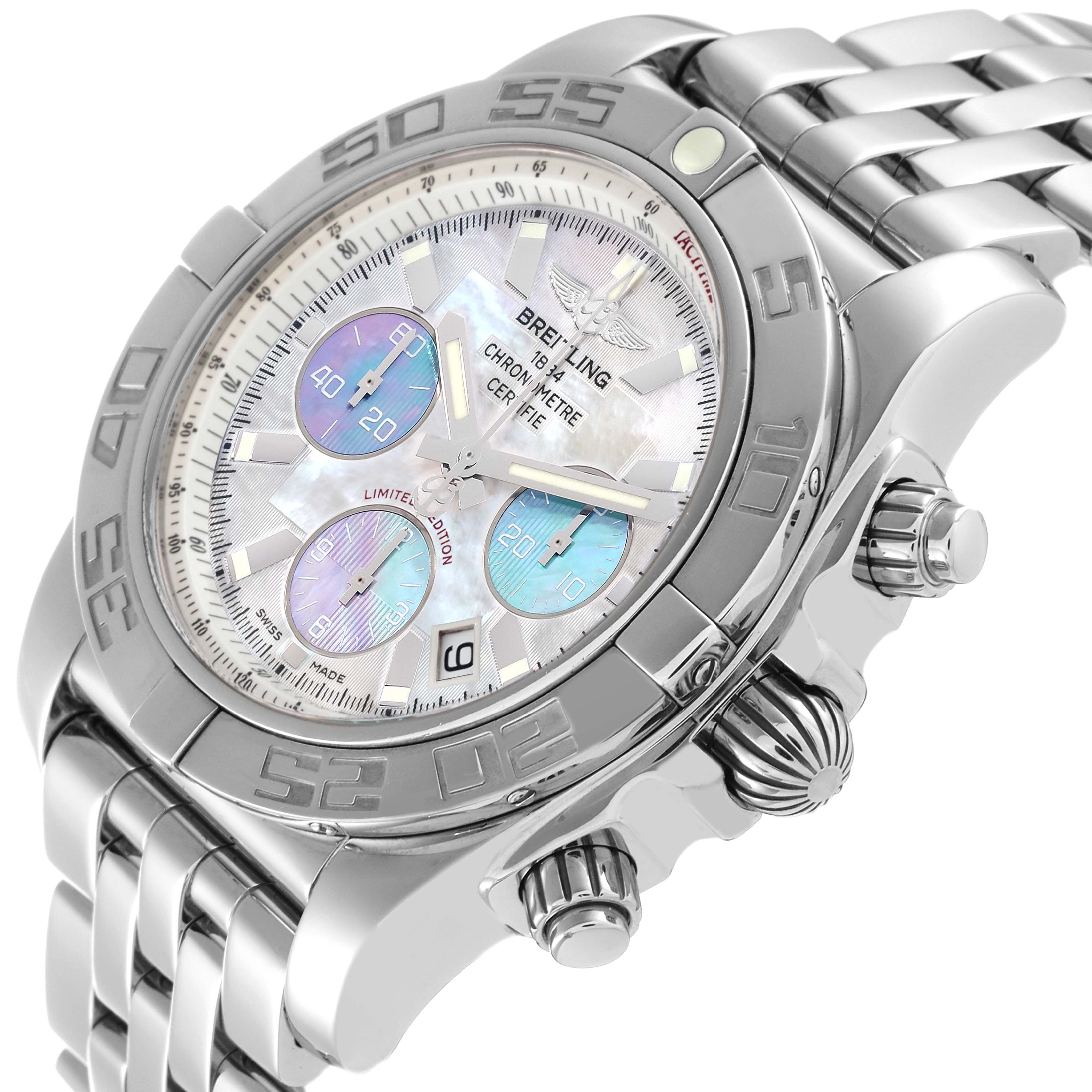 The image shows a Breitling Chronomat AB0110 Men
s Stainless Steel Mother of Pearl Dial AB0110 Men
s Stainless Steel Mother of Pearl Dial watch at an angle revealing the dial, bezel, crown, and part of the bracelet.
