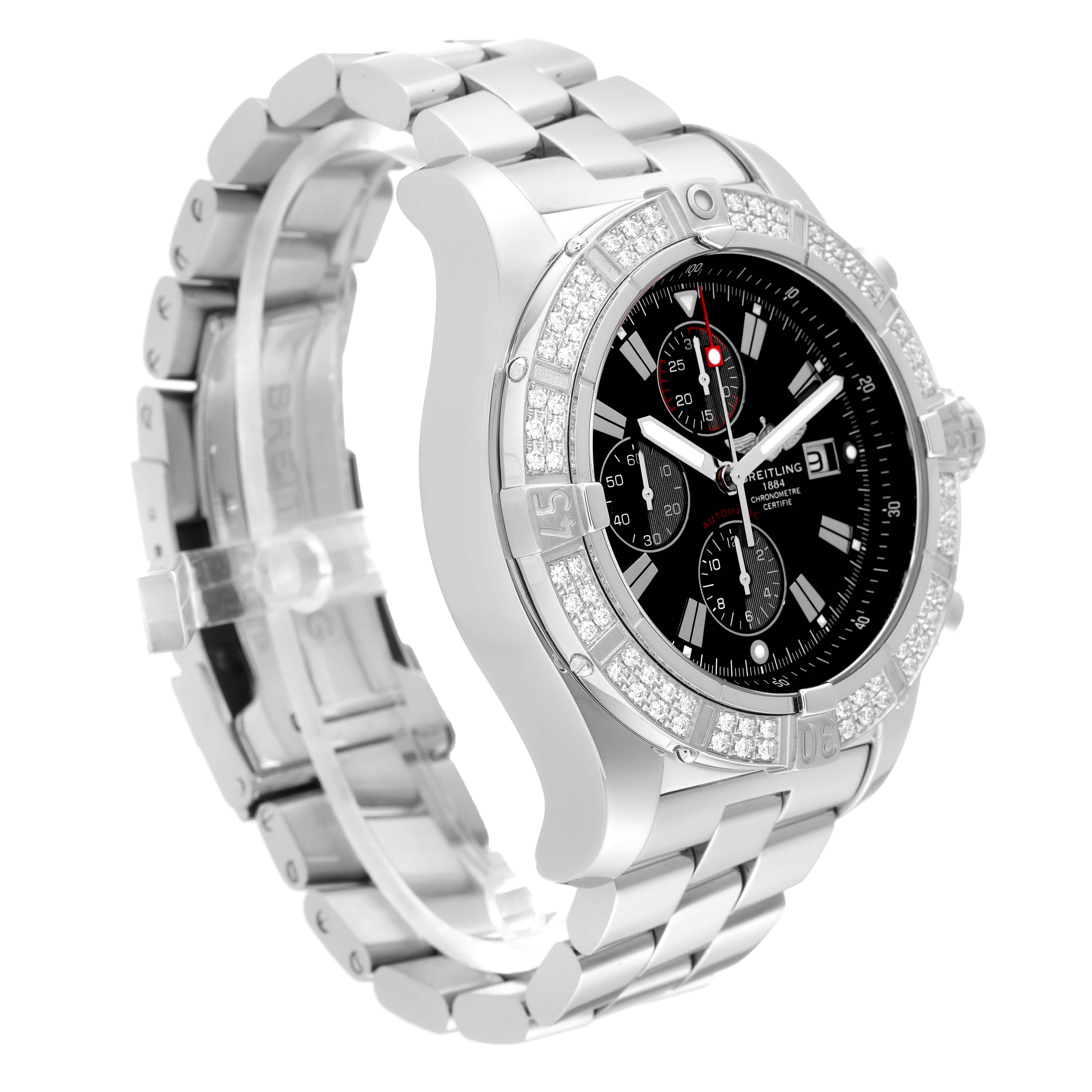 This image shows the Breitling Avenger A13370 Men's Stainless Steel Black Dial A13370 Men's Stainless Steel Black Dial model watch from a 3/4 angle, displaying the face, bezel, and bracelet.