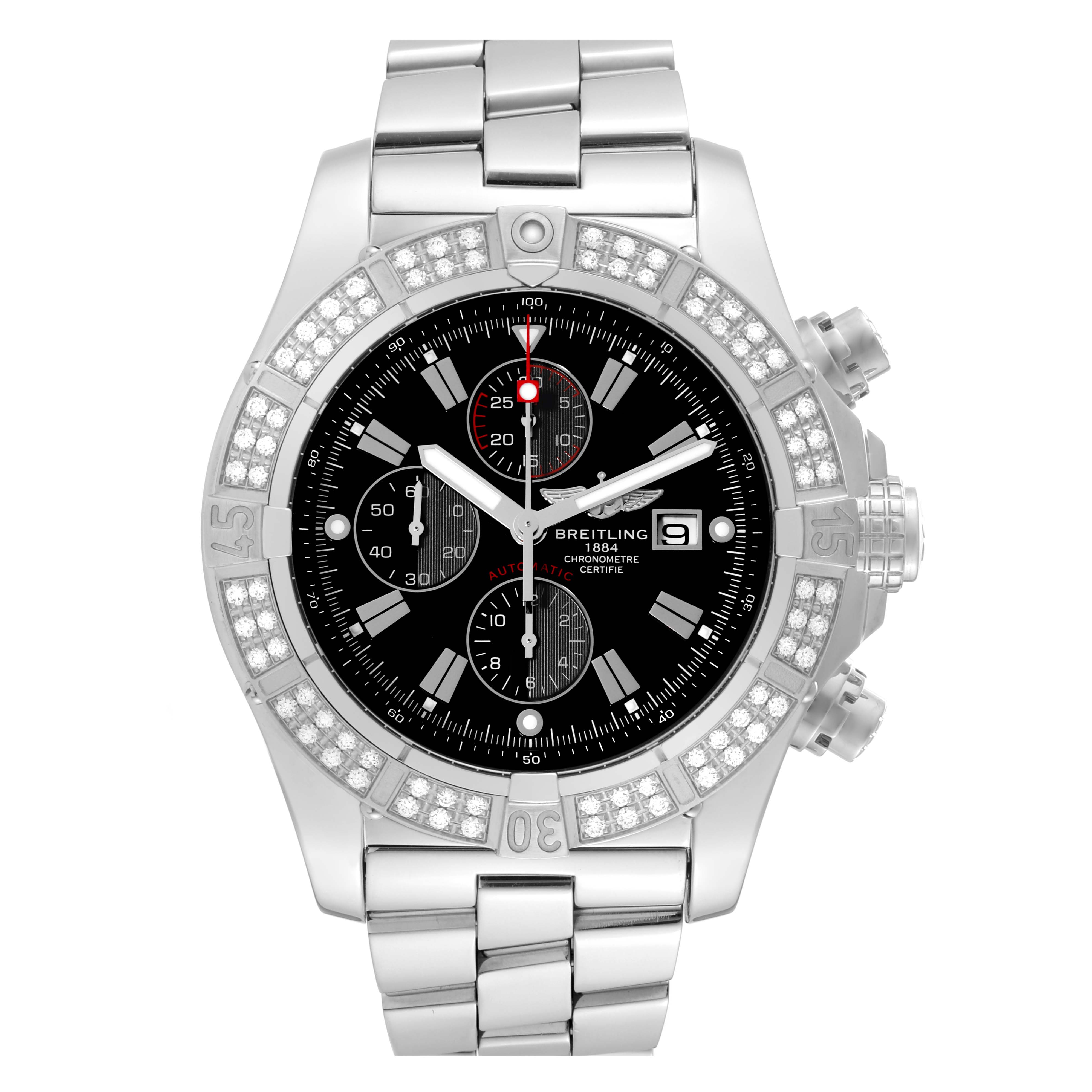 This image shows a frontal view of the Breitling Avenger A13370 Men's Stainless Steel Black Dial A13370 Men's Stainless Steel Black Dial watch, displaying its black dial, chronograph sub-dials, and diamond-set bezel.