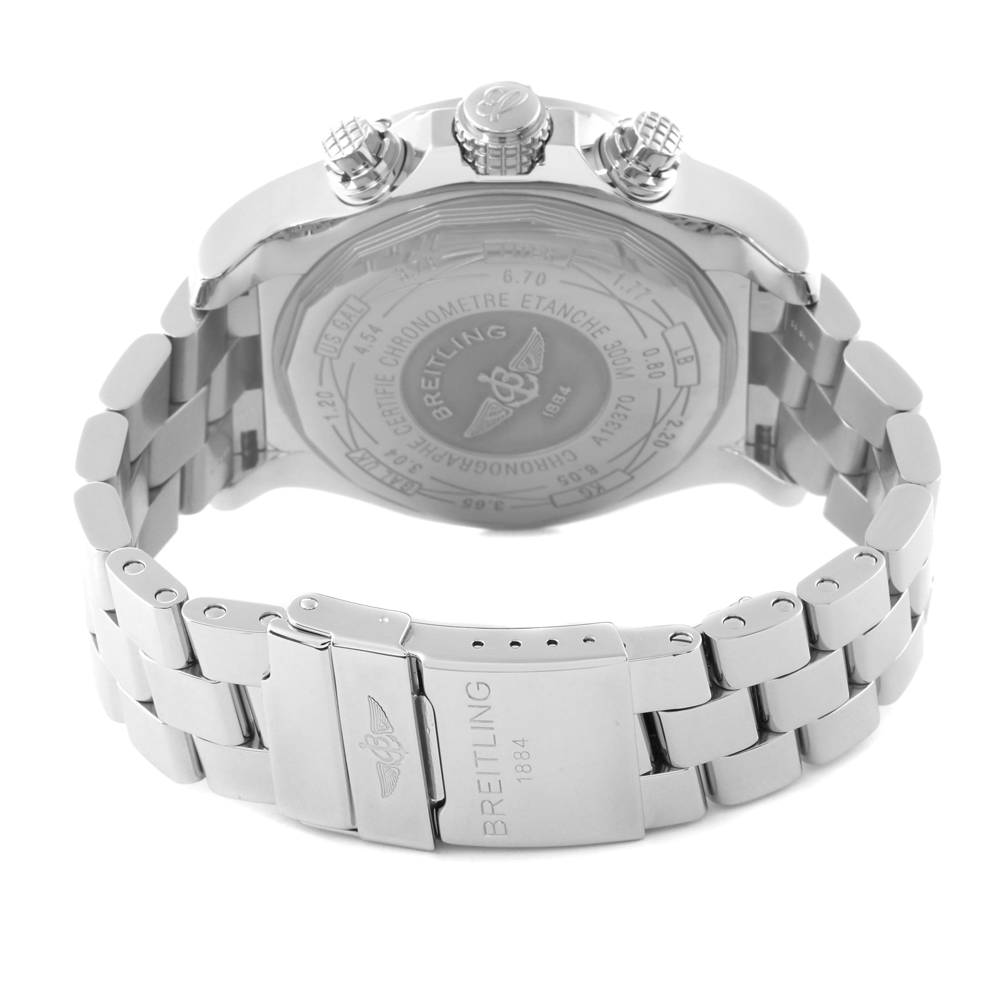 The image shows the back case, bracelet, and clasp of a Breitling Avenger A13370 Men's Stainless Steel Black Dial A13370 Men's Stainless Steel Black Dial watch.