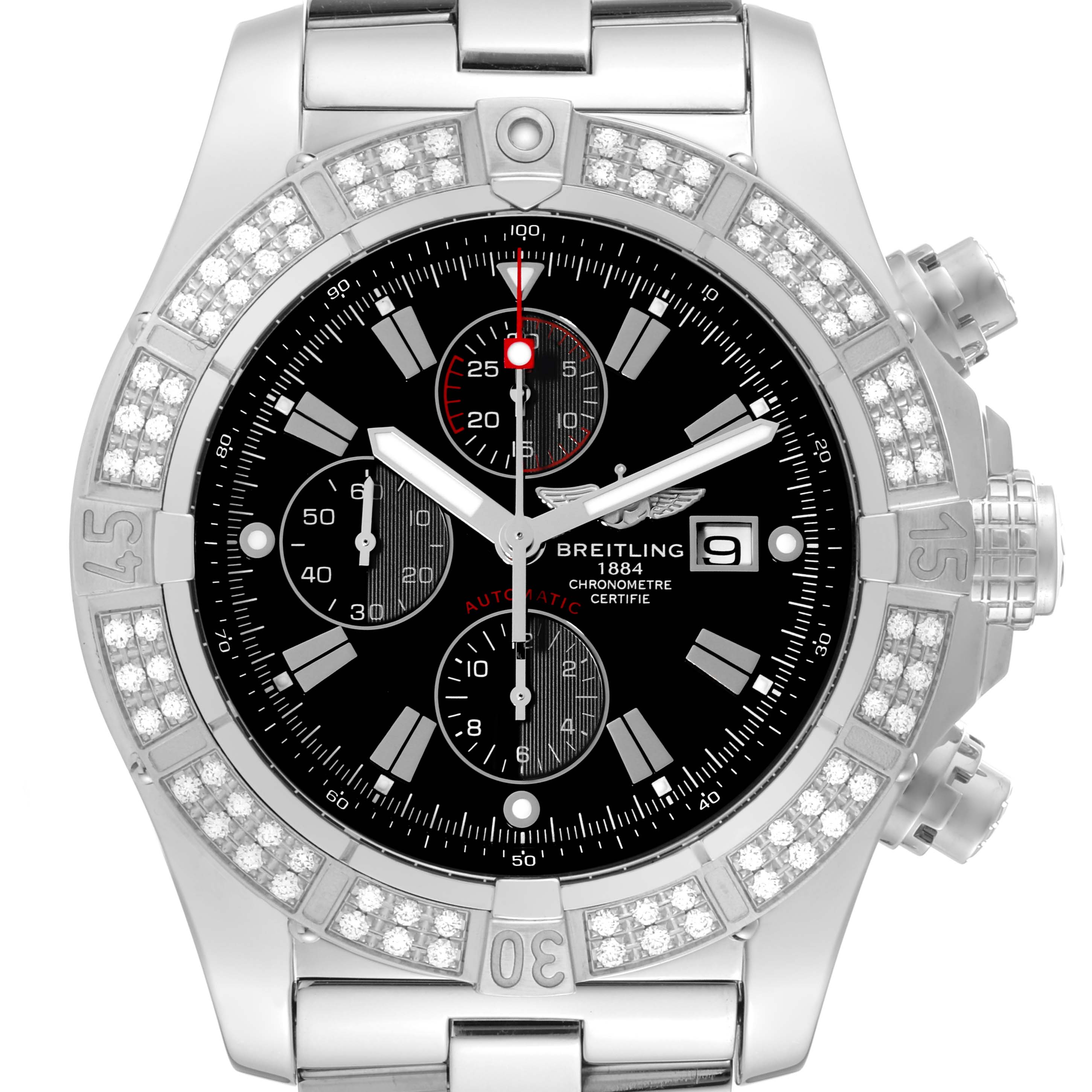 This image shows a frontal view of the Breitling Avenger A13370 Men's Stainless Steel Black Dial A13370 Men's Stainless Steel Black Dial watch, highlighting its dial, subdials, bezel, and band.