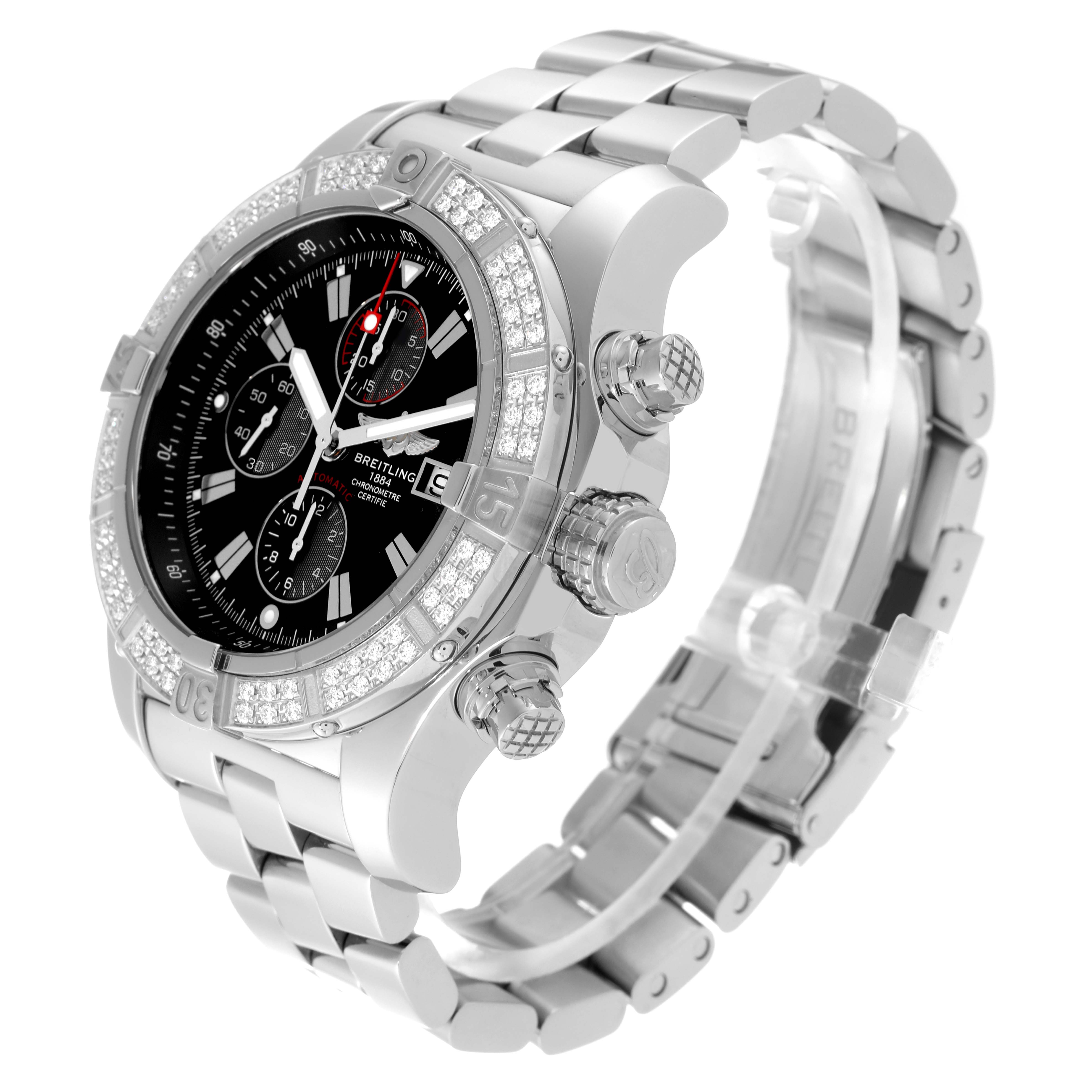 The Breitling Avenger A13370 Men's Stainless Steel Black Dial A13370 Men's Stainless Steel Black Dial watch is shown at a three-quarter angle, featuring its bezel, crown, pushers, and metal bracelet.