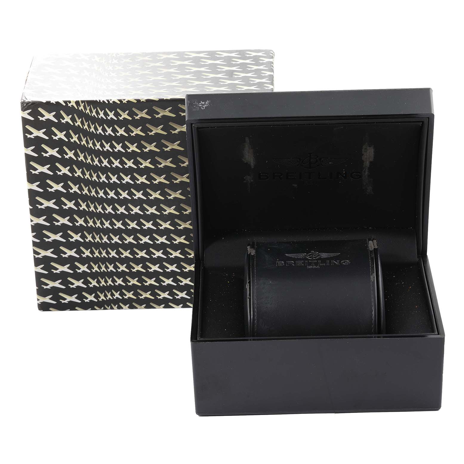 The image shows the packaging and interior box of a Breitling Avenger A13370 Men's Stainless Steel Black Dial A13370 Men's Stainless Steel Black Dial watch.