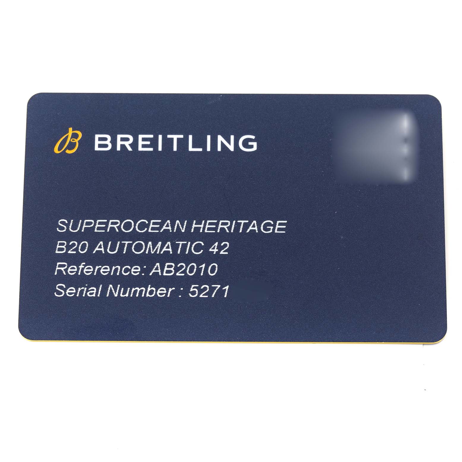 The image shows a Breitling warranty card for the Superocean Heritage B20 Automatic 42 model.