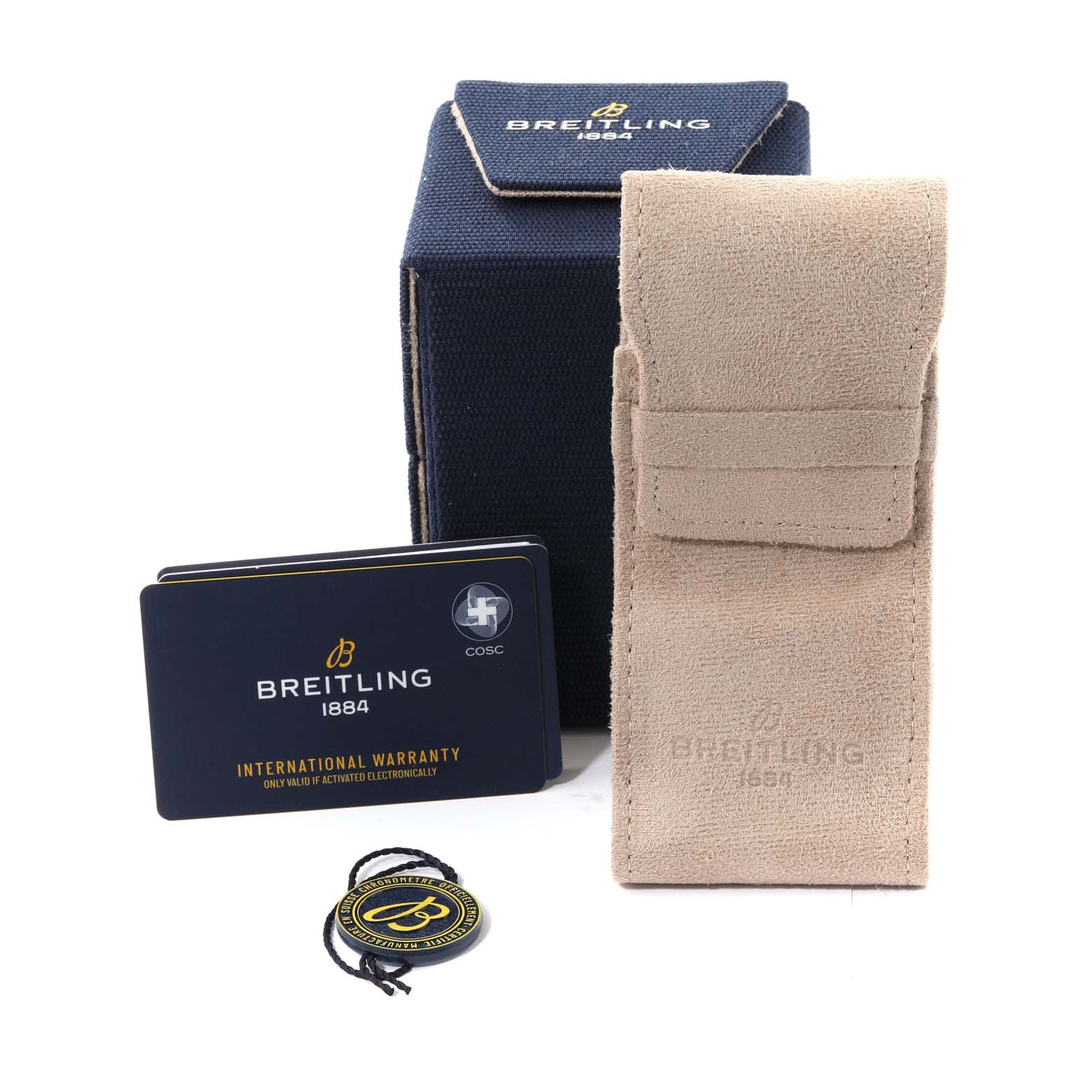 The image shows the packaging, warranty card, and tag for the Breitling Superocean AB2010 Men's Stainless Steel Green Dial AB2010 Men's Stainless Steel Green Dial watch.