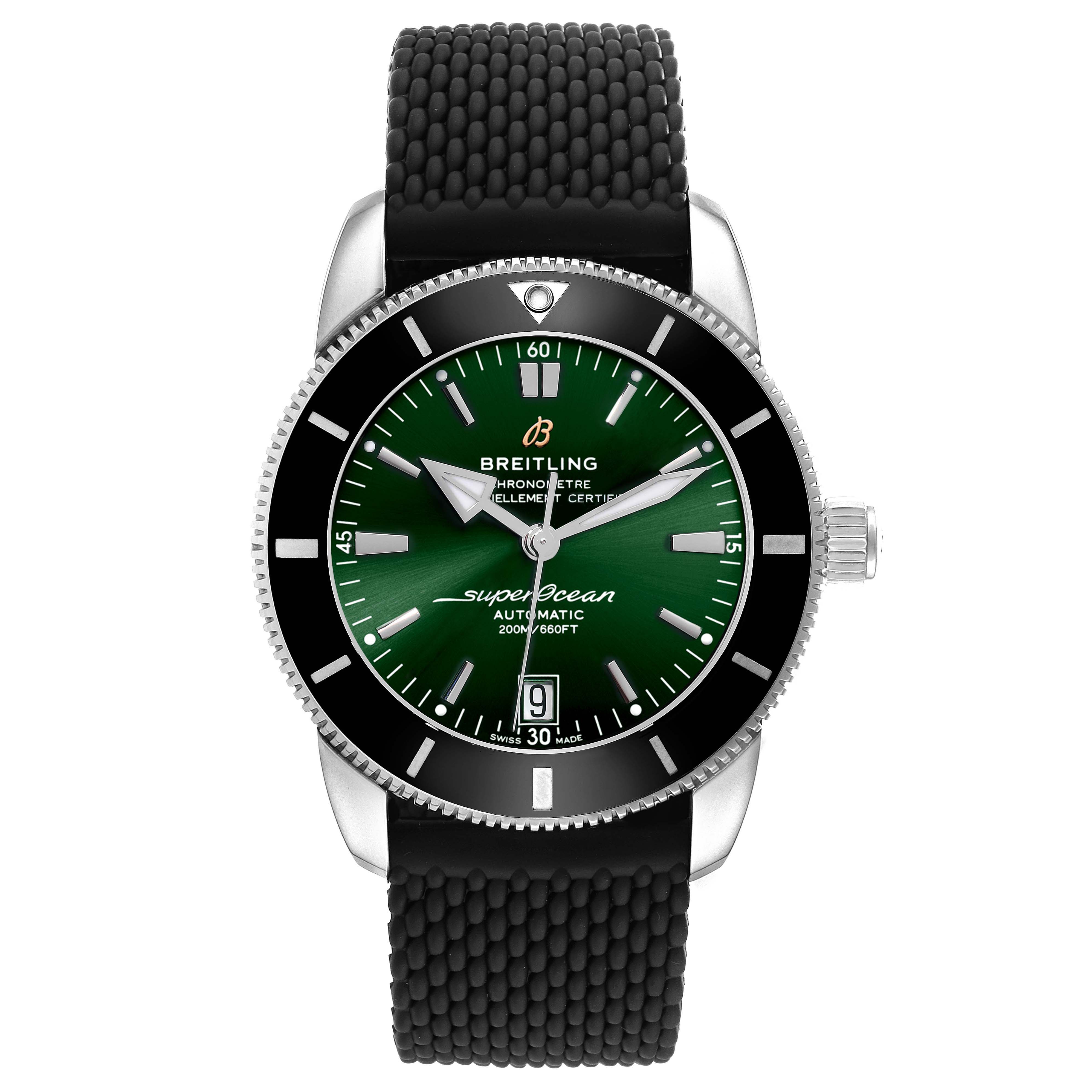 This image shows a front view of the Breitling Superocean AB2010 Men's Stainless Steel Green Dial AB2010 Men's Stainless Steel Green Dial watch with a black textured strap and a green dial.