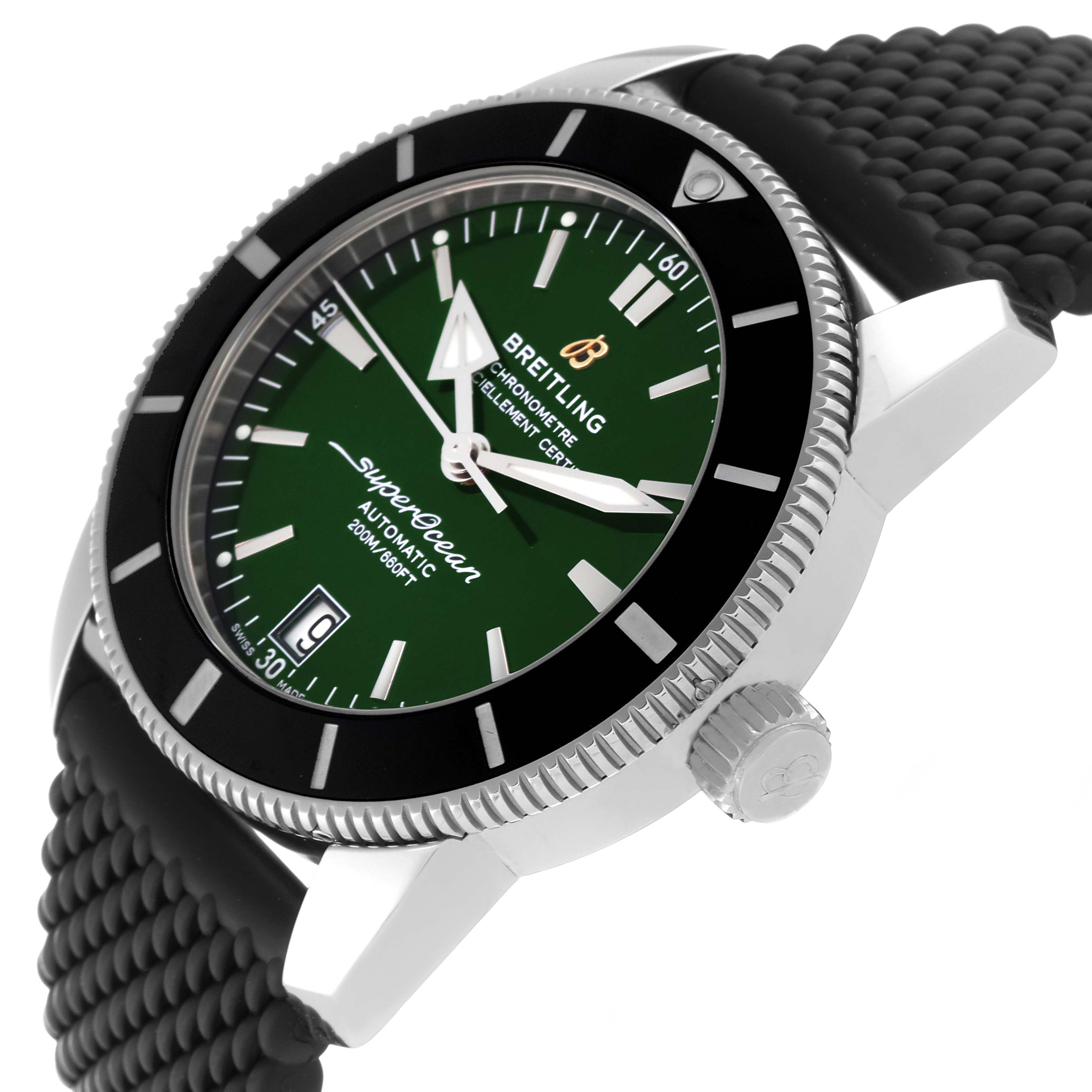 The image shows a Breitling Superocean AB2010 Men's Stainless Steel Green Dial AB2010 Men's Stainless Steel Green Dial watch from an angled side view, highlighting the green dial, bezel, and part of the black strap.
